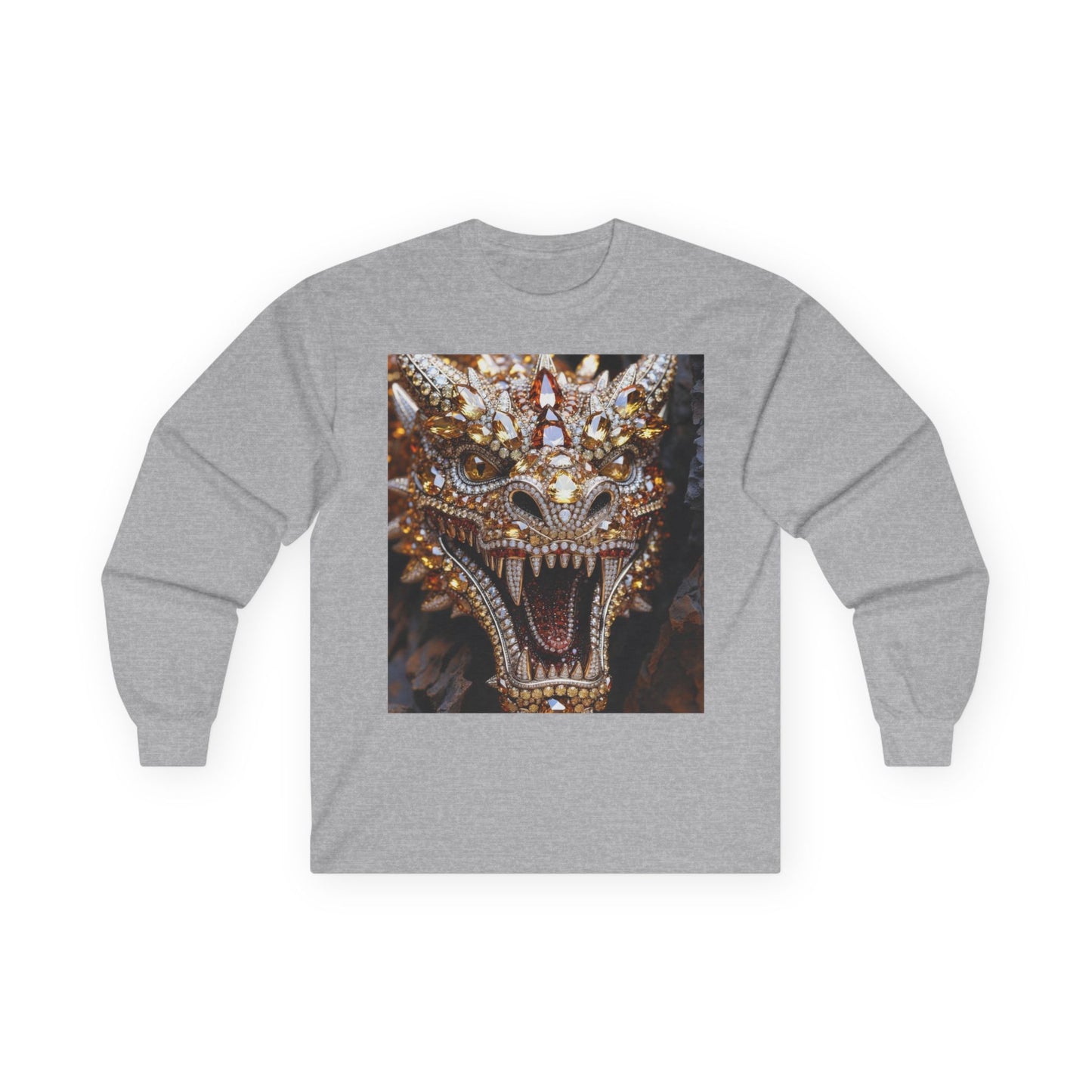 Dragon Mask Long Sleeve Tee — Ornate Fiery Dragon Face Graphic