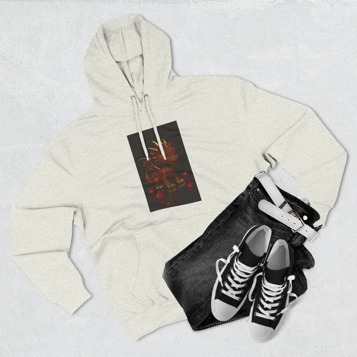 A RUBY RED Dragon Swirl Fleece Hoodie - Three-Panel Design for Fantasy Lovers