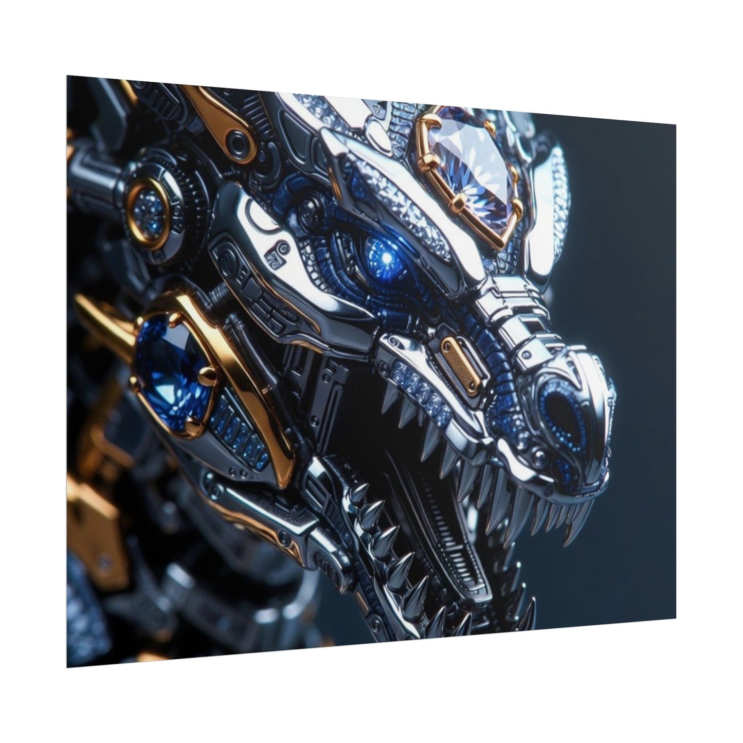 Mechanical Dragon Poster — Futuristic Gold & Blue Sci‑Fi Wall Art