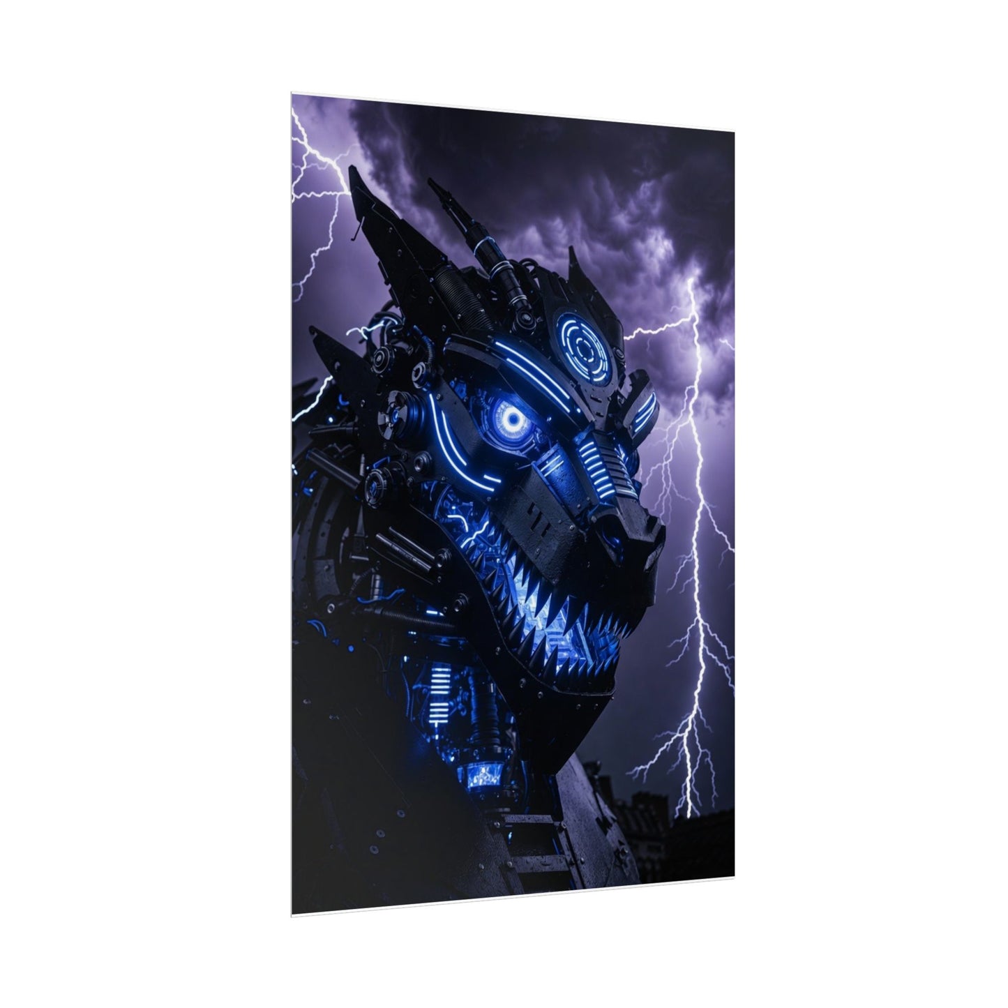 CyberDragon Storm Poster — Futuristic Mech Wolf Art Print (Rolled Poster)