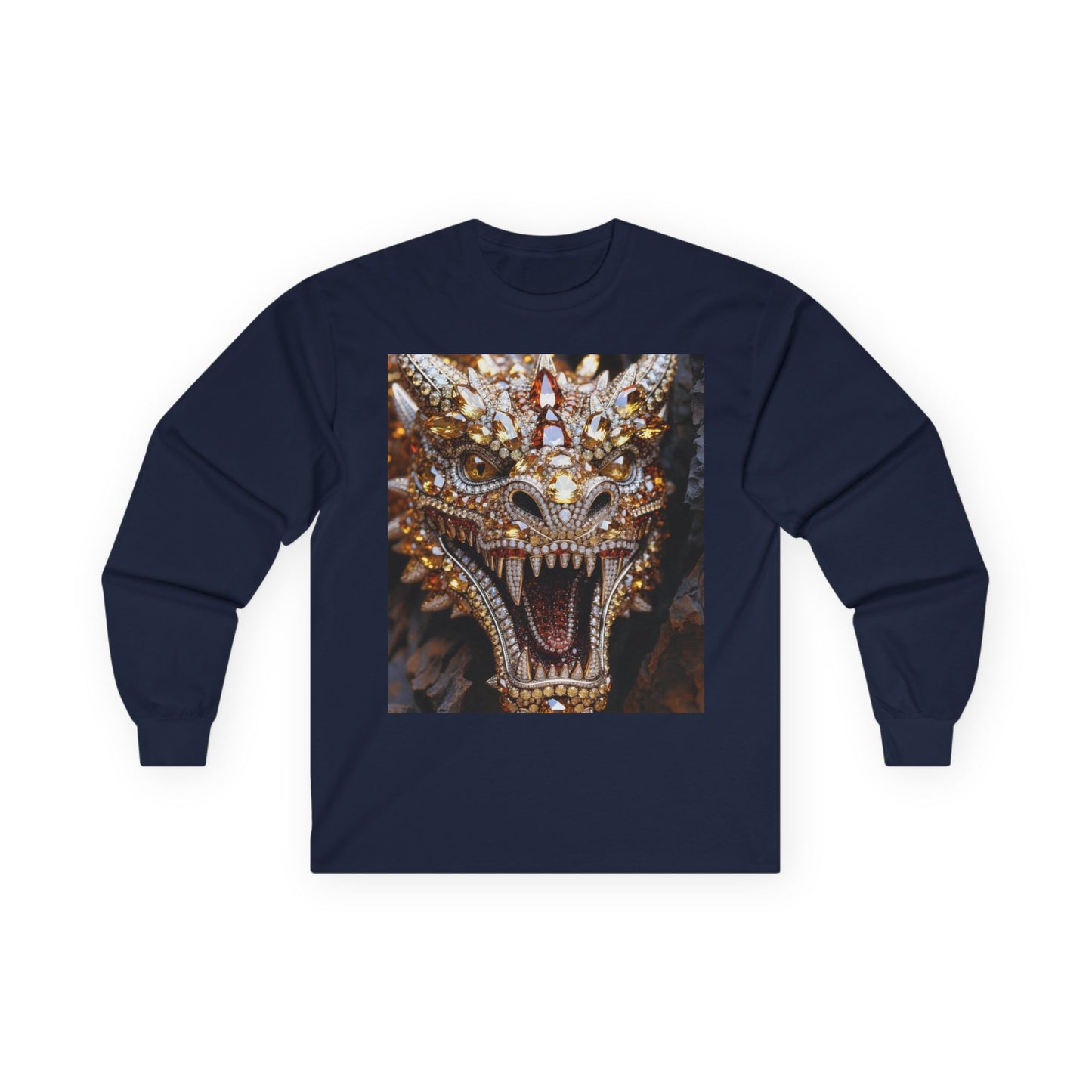 Dragon Mask Long Sleeve Tee — Ornate Fiery Dragon Face Graphic
