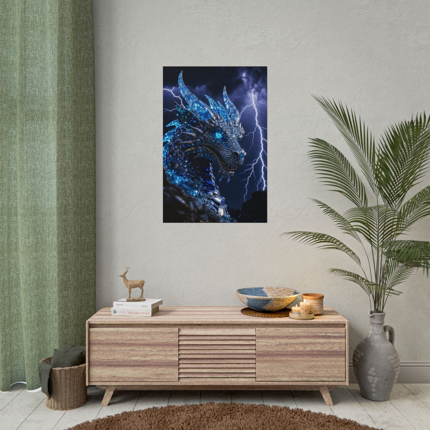 Blue Lightning Dragon Poster — Fantasy Wall Art Rolled Poster