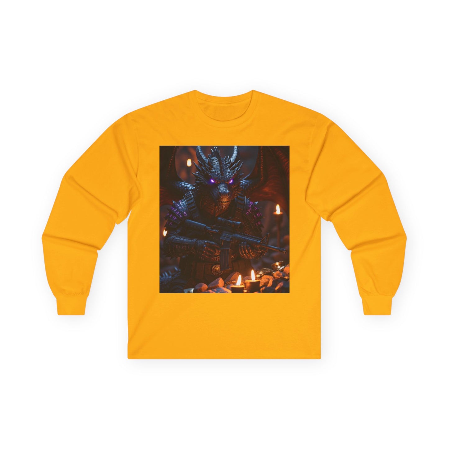 Dragon Knight Art Long Sleeve Tee — Dark Fantasy Candlelight Design