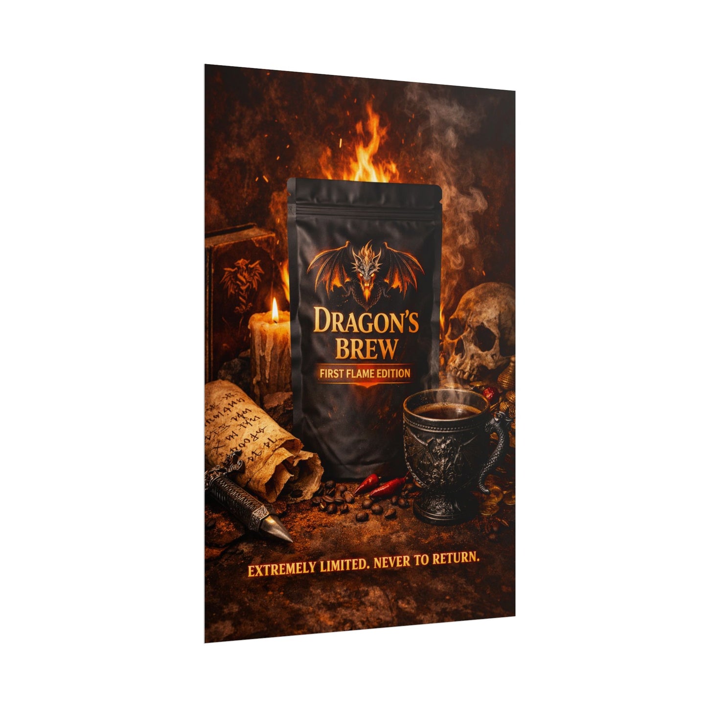 Rolled Poster — "Dragon's Brew: First Flame Edition" Fantasy Coffee Art Print