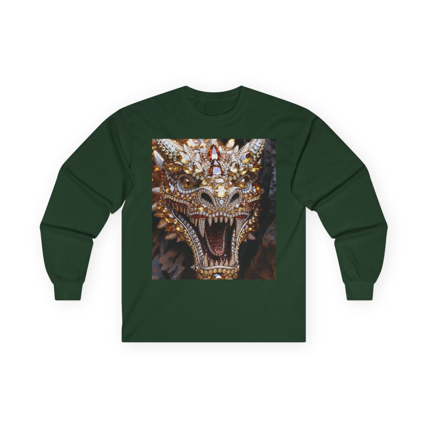 Dragon Mask Long Sleeve Tee — Ornate Fiery Dragon Face Graphic