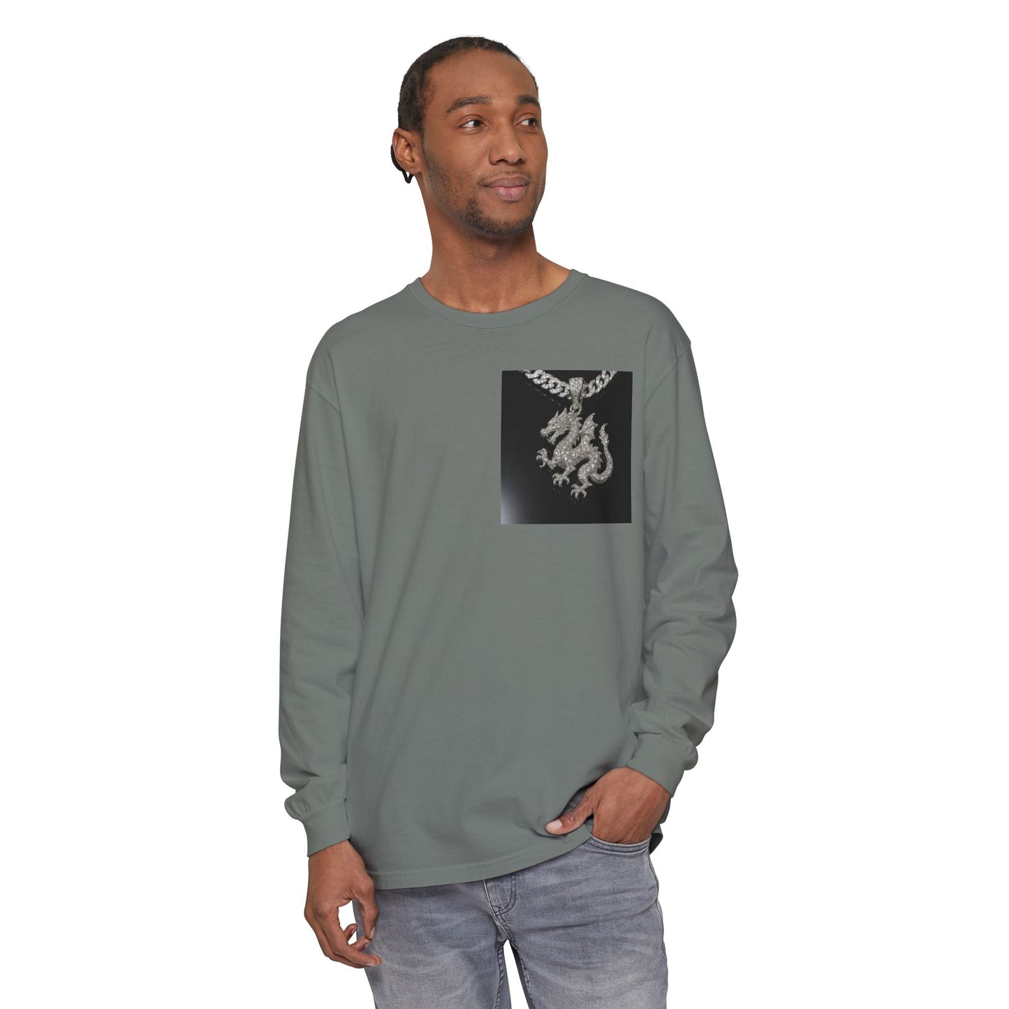 Dragon Pendant Long Sleeve T‑Shirt — Gothic Silver Chain Graphic
