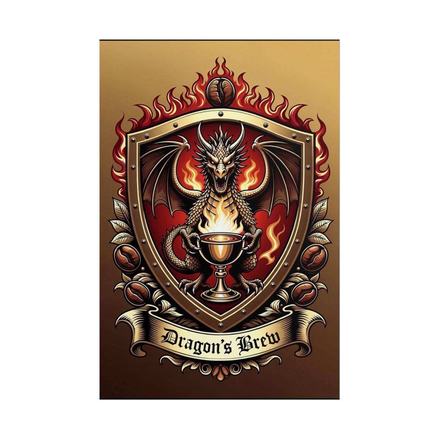 Dragon's Brew Poster — Fantasy Dragon Shield Artwork Rolled Poster