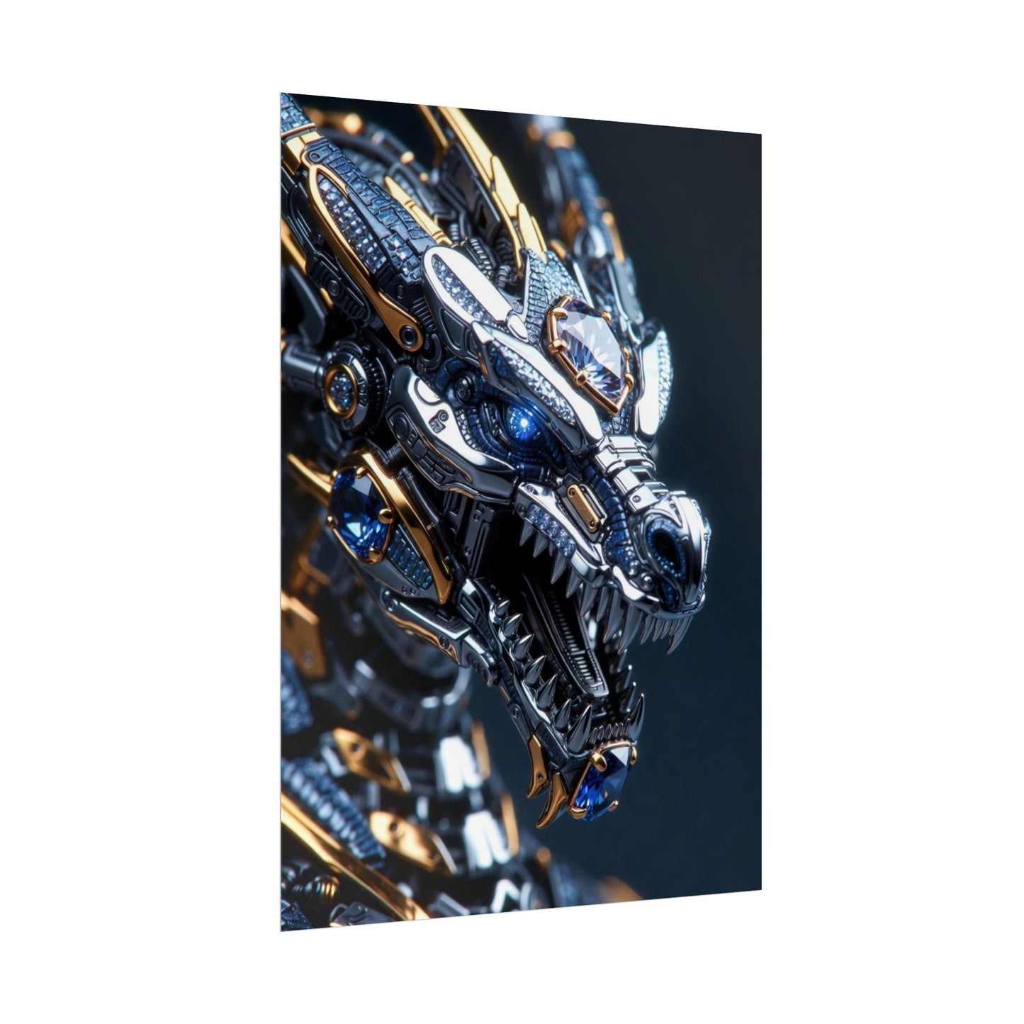 Mechanical Dragon Poster — Futuristic Gold & Blue Sci‑Fi Wall Art