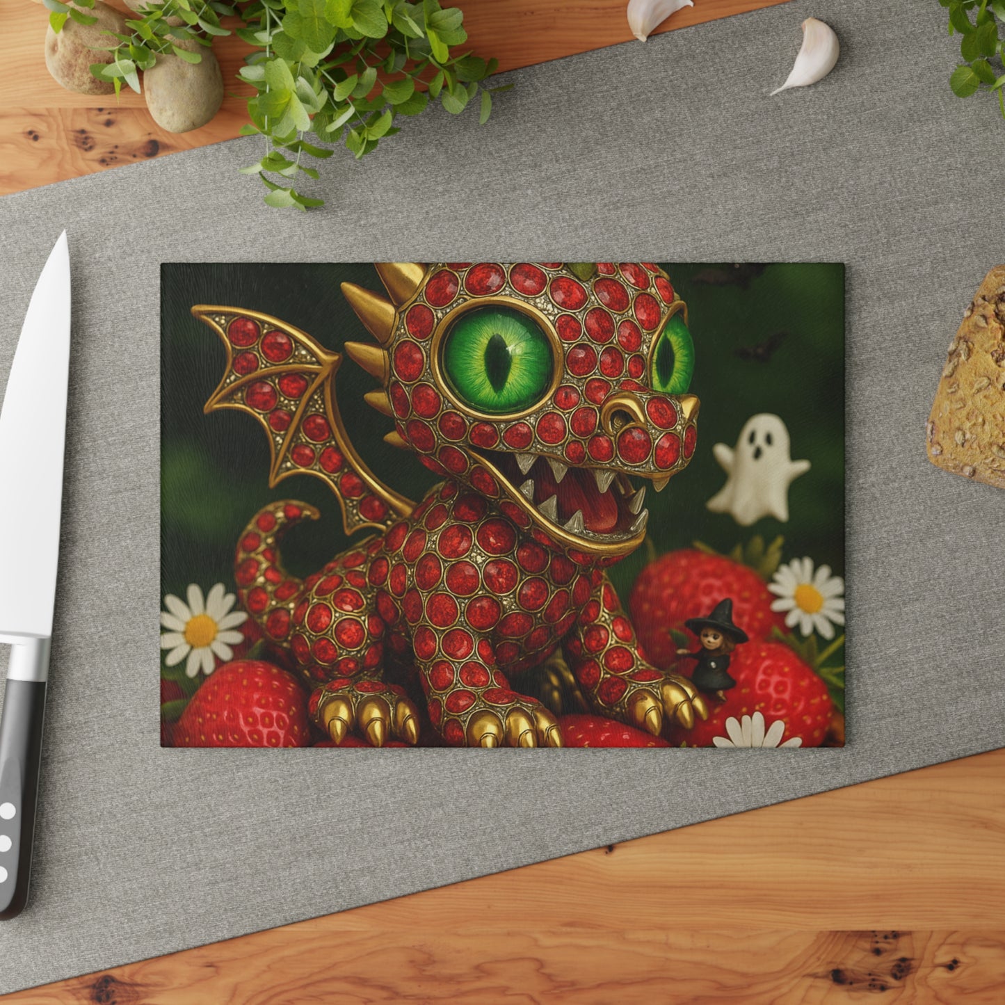 Whimsical Dragon Cutting Board - Fun Kitchen Decor, Gift for Chefs, Unique Housewarming Present, Cute Home Accessory, Strawberry Design