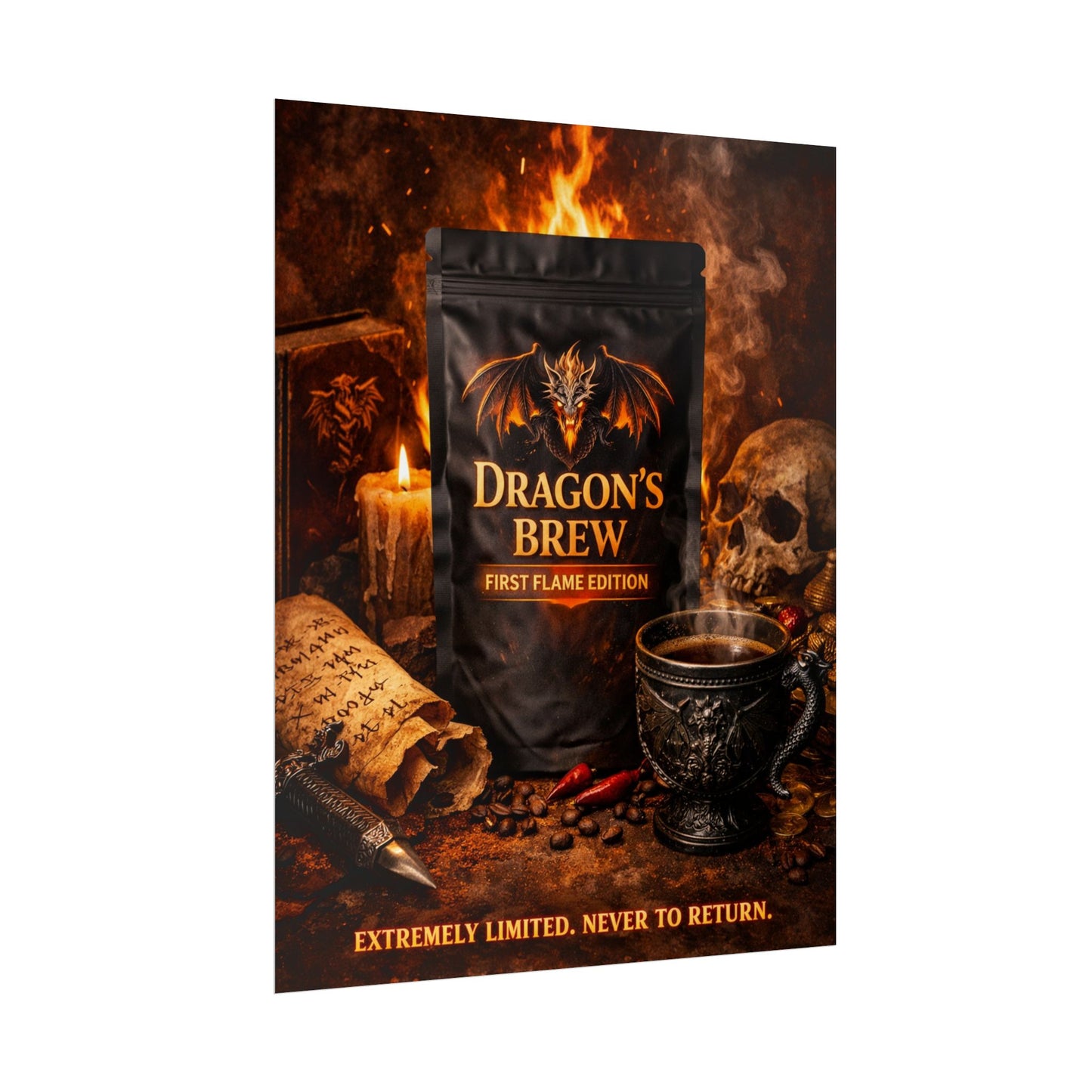 Rolled Poster — "Dragon's Brew: First Flame Edition" Fantasy Coffee Art Print