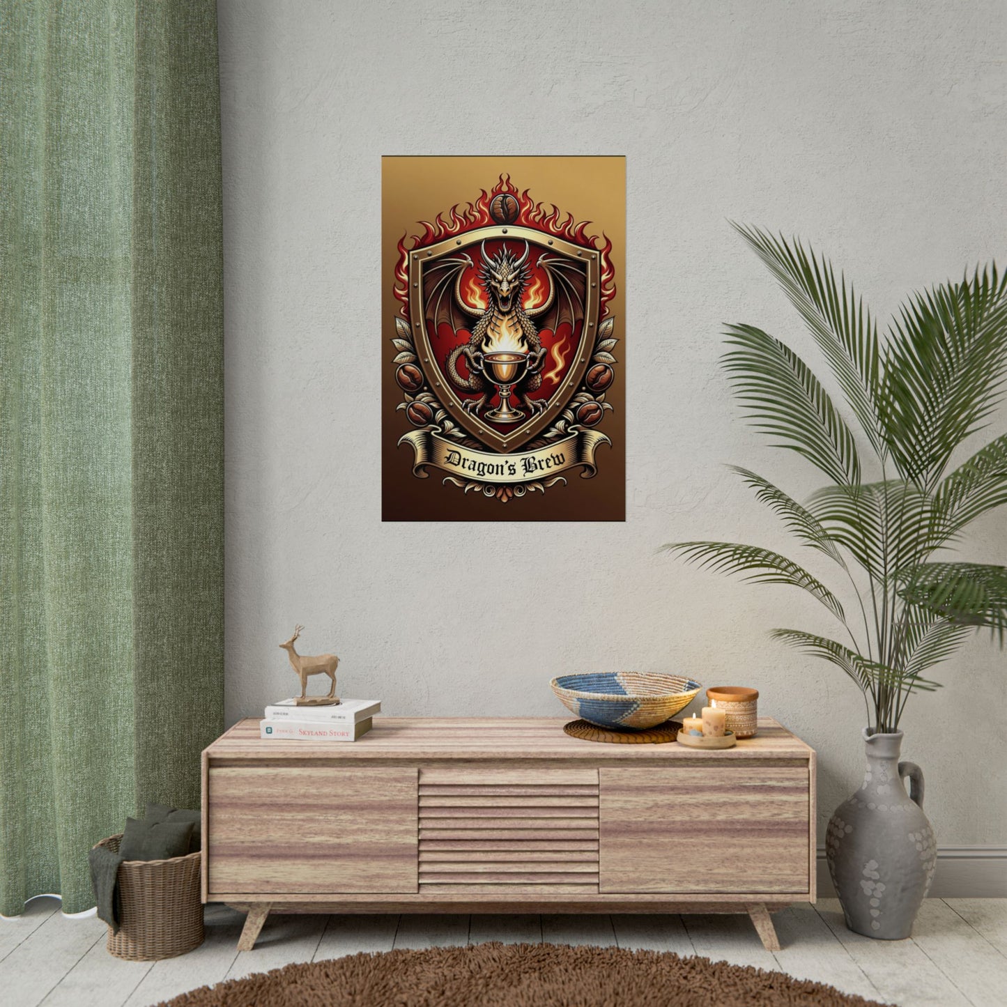 Dragon's Brew Poster — Fantasy Dragon Shield Artwork Rolled Poster
