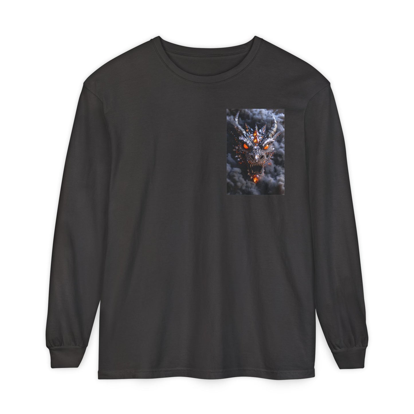 Long Sleeve T‑Shirt — Smoky Dragon Chest Print, Spooky Autumn Graphic