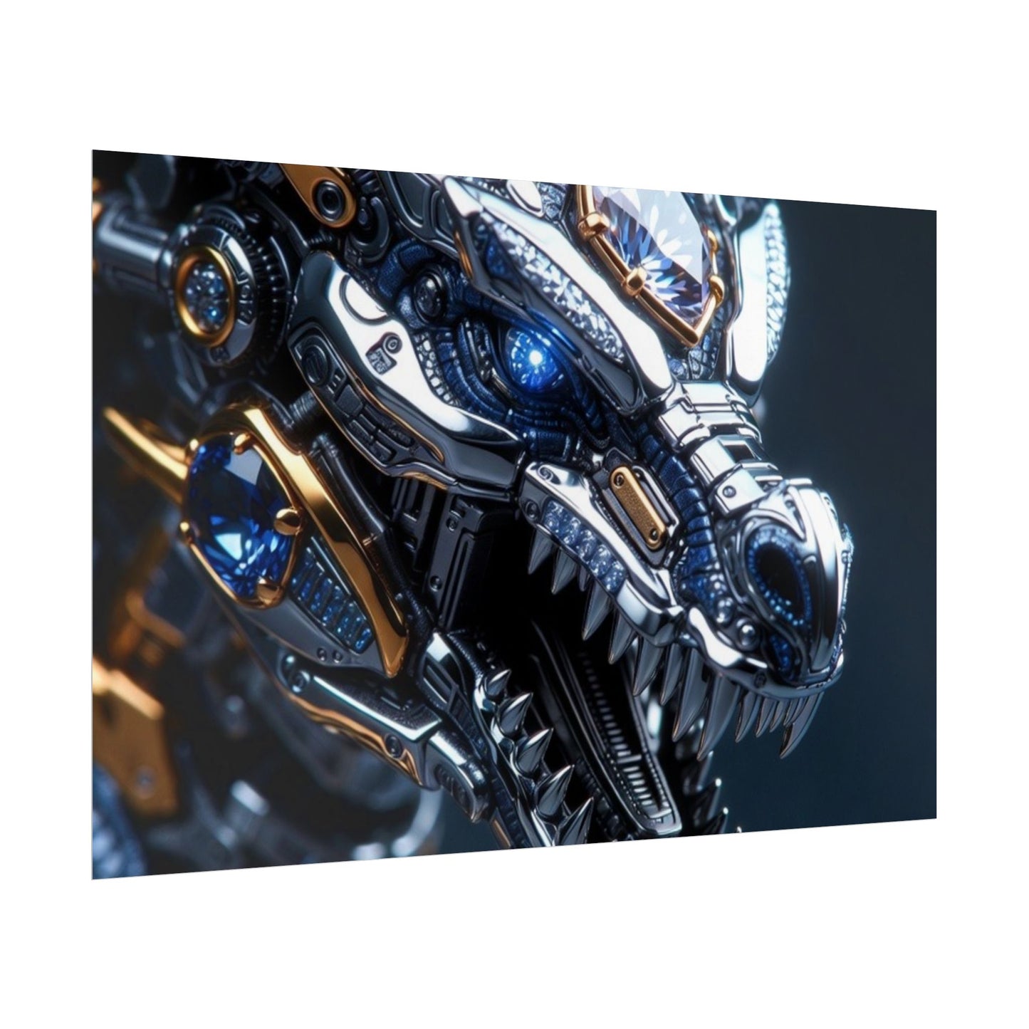 Mechanical Dragon Poster — Futuristic Gold & Blue Sci‑Fi Wall Art