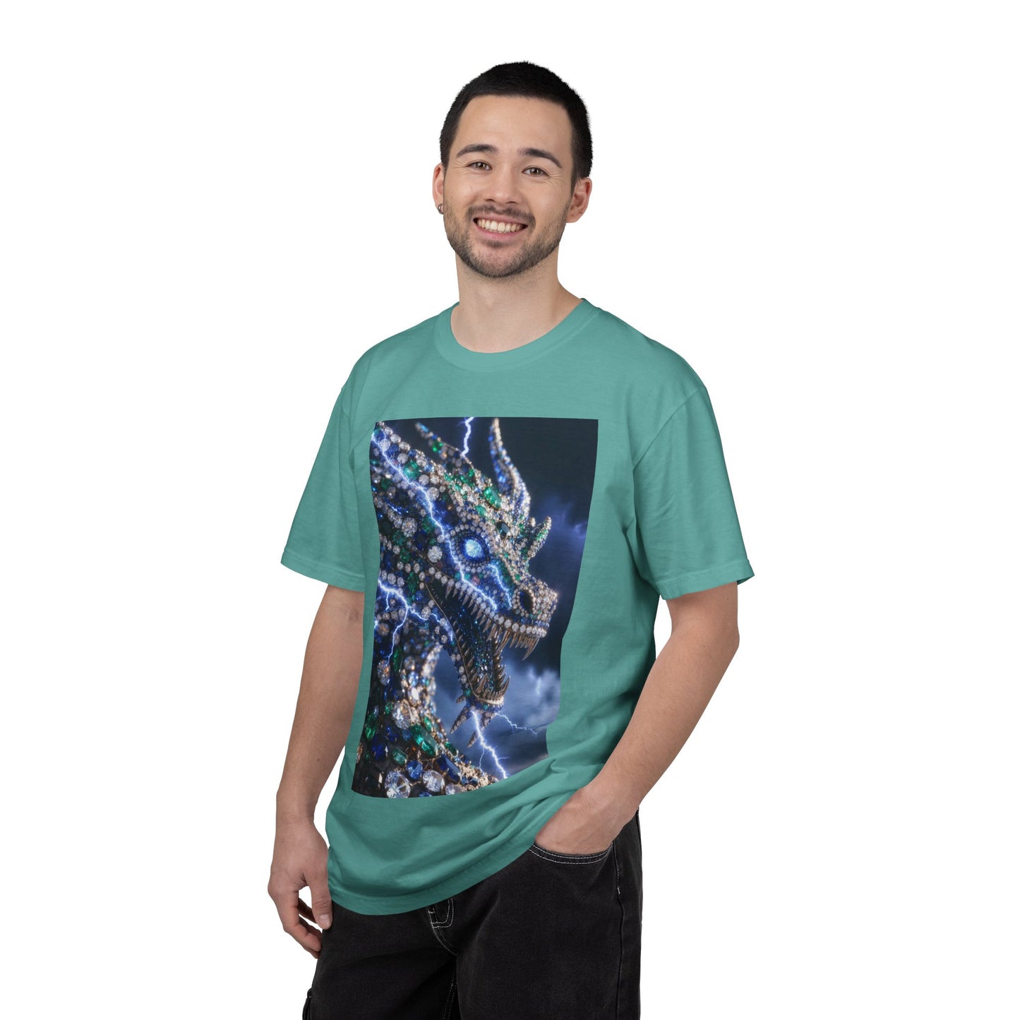 Dragon Lightning Graphic T-Shirt — Jewel-Studded Dragon Design