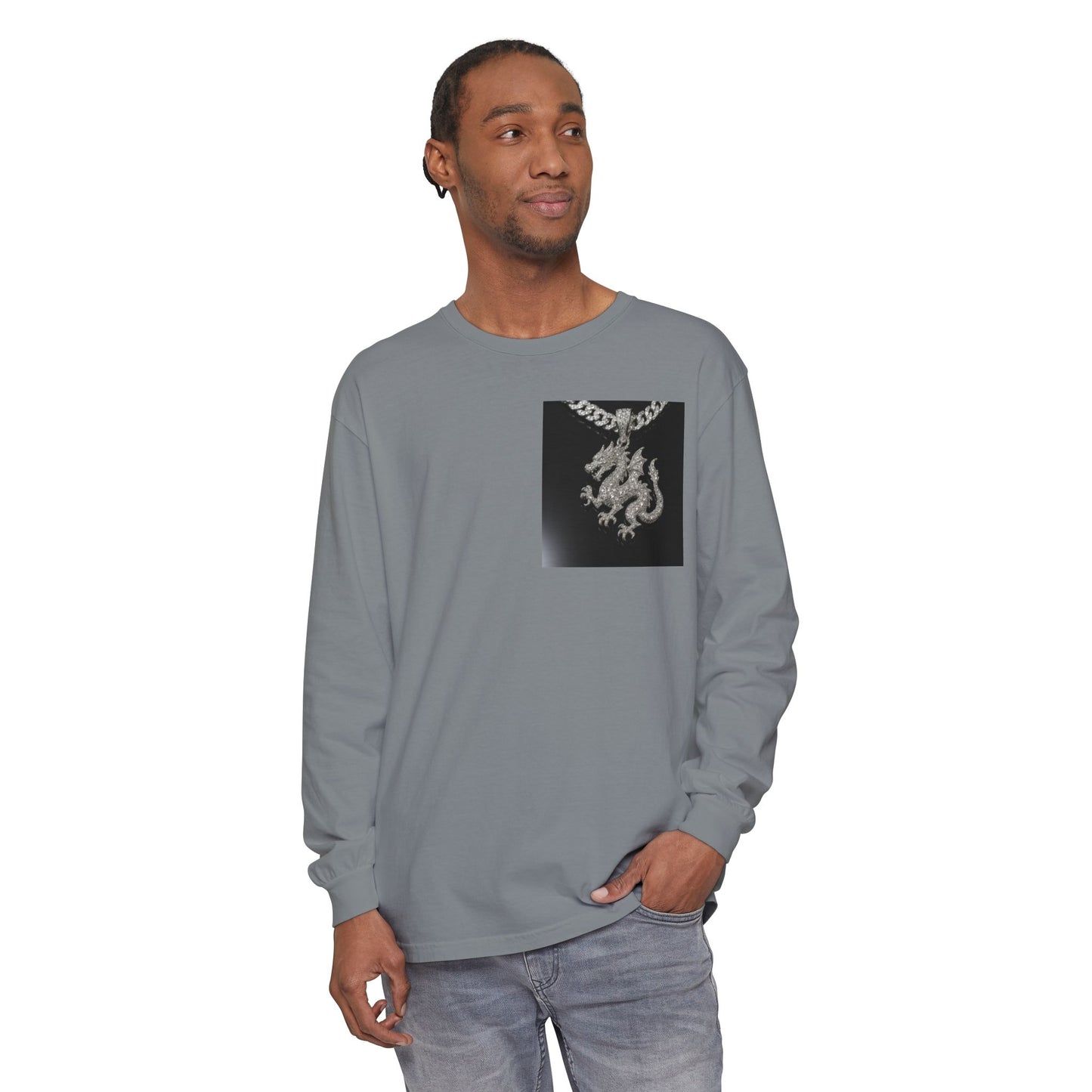 Dragon Pendant Long Sleeve T‑Shirt — Gothic Silver Chain Graphic
