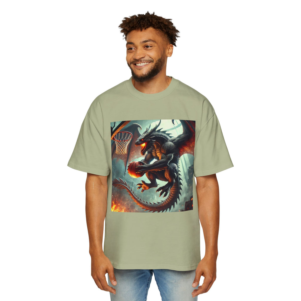 A Men's Fantasy Dragon Basketball Tee - Oversized Graphic Shirt, Streetwear Style, Casual Outfit, Gift for Him, Unique Art Tee