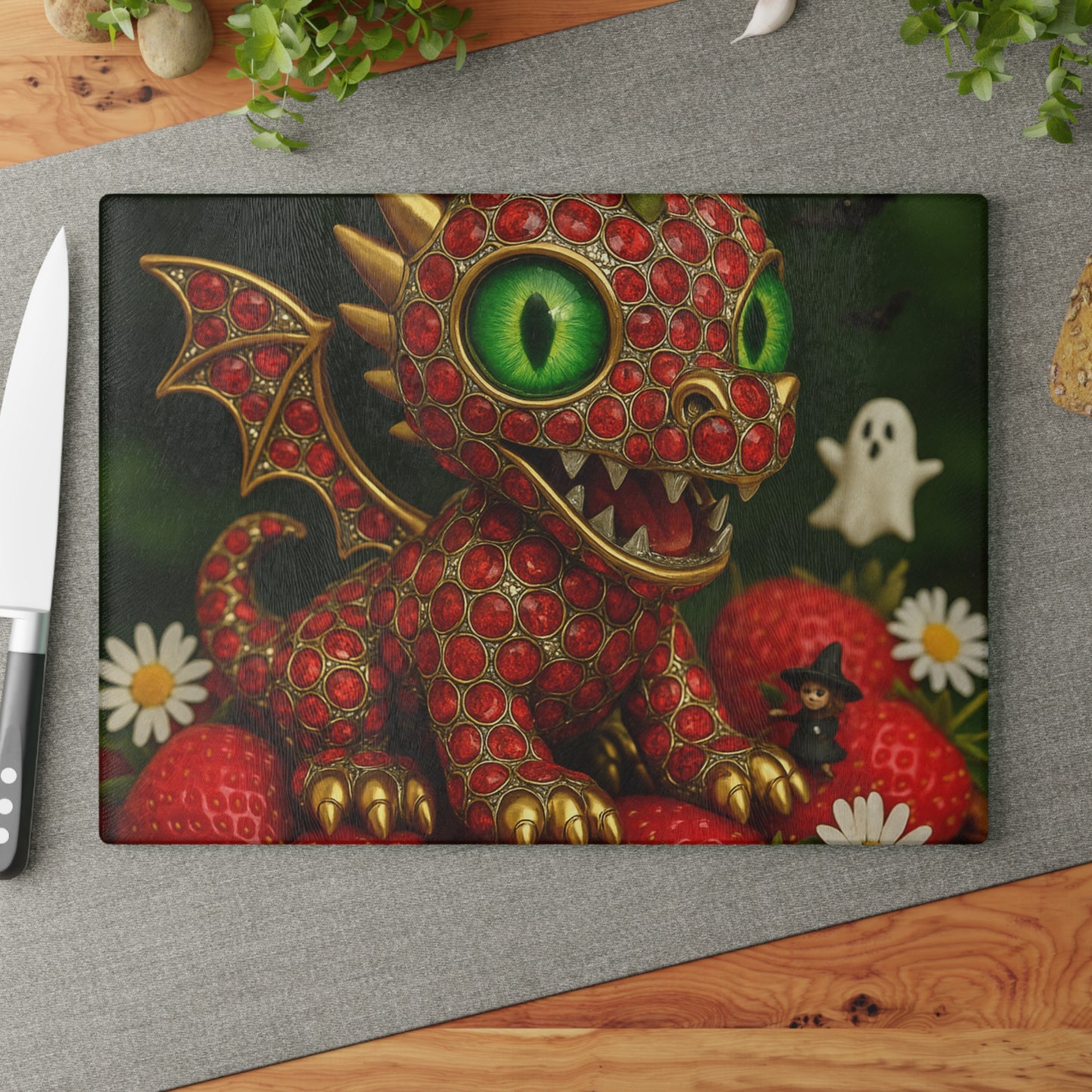 Whimsical Dragon Cutting Board - Fun Kitchen Decor, Gift for Chefs, Unique Housewarming Present, Cute Home Accessory, Strawberry Design