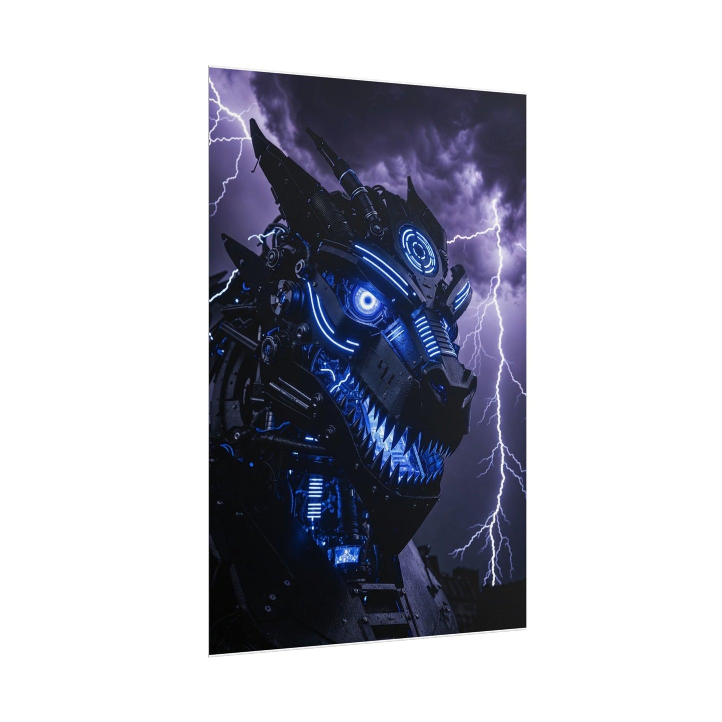 CyberDragon Storm Poster — Futuristic Mech Wolf Art Print (Rolled Poster)