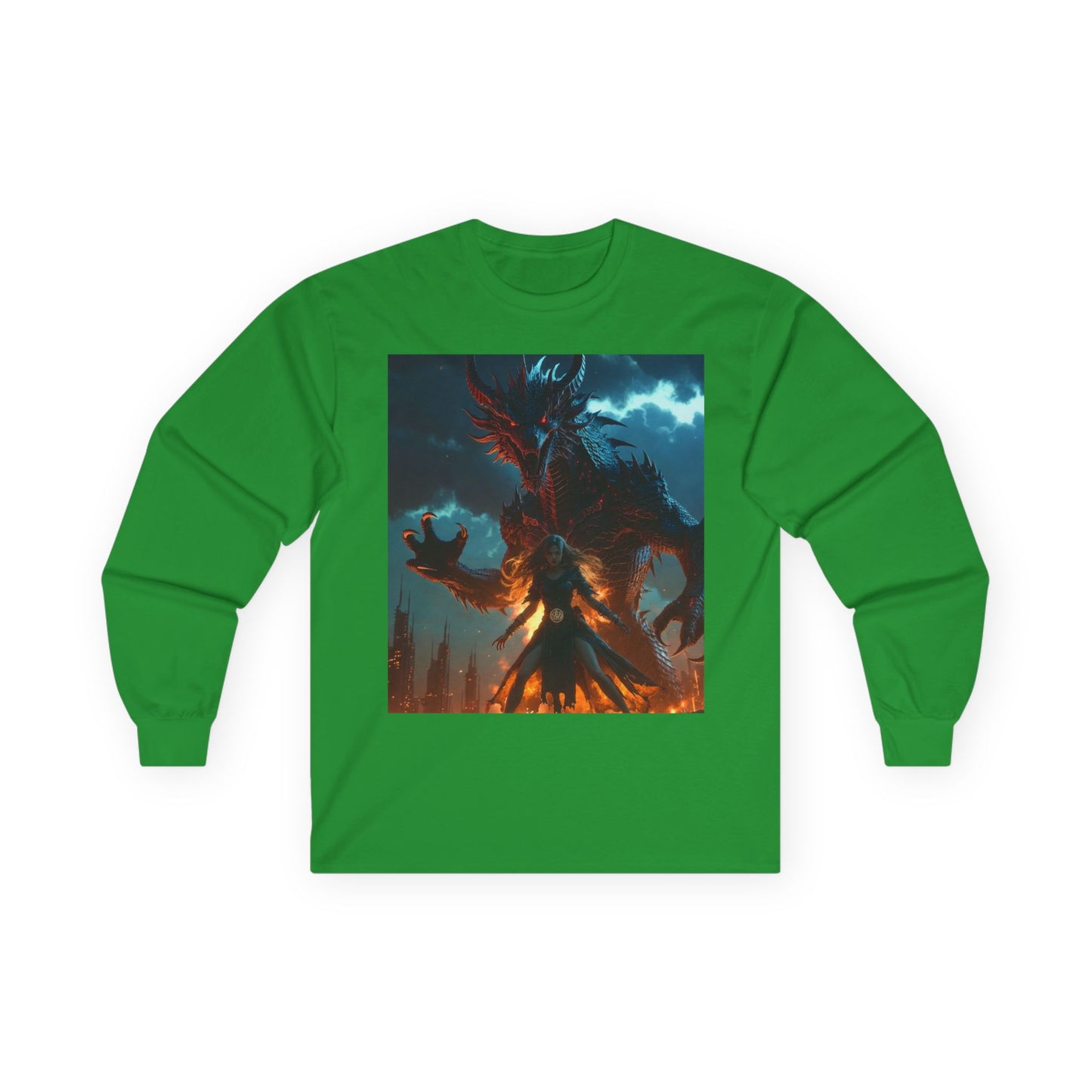 Dragon of Flame Long Sleeve Tee — Dark Fantasy Fire Demon Artwork