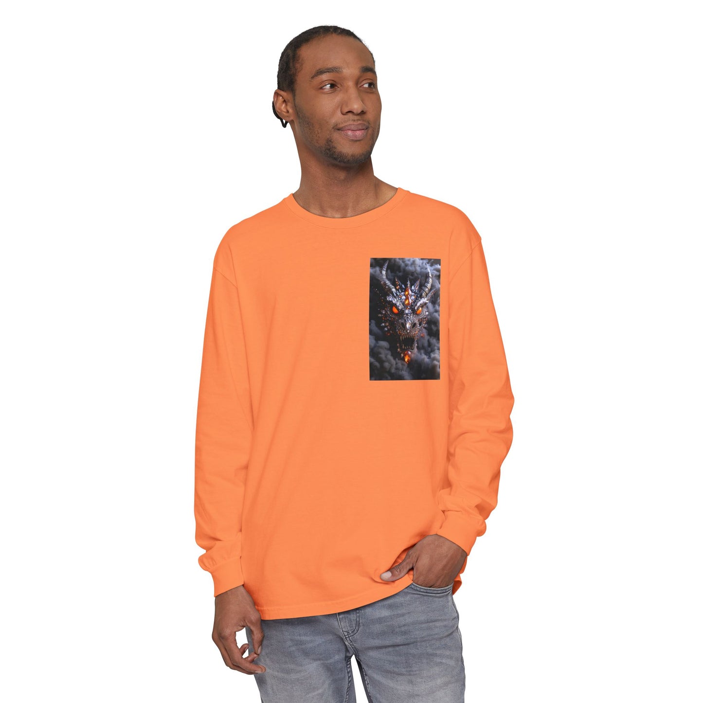 Long Sleeve T‑Shirt — Smoky Dragon Chest Print, Spooky Autumn Graphic