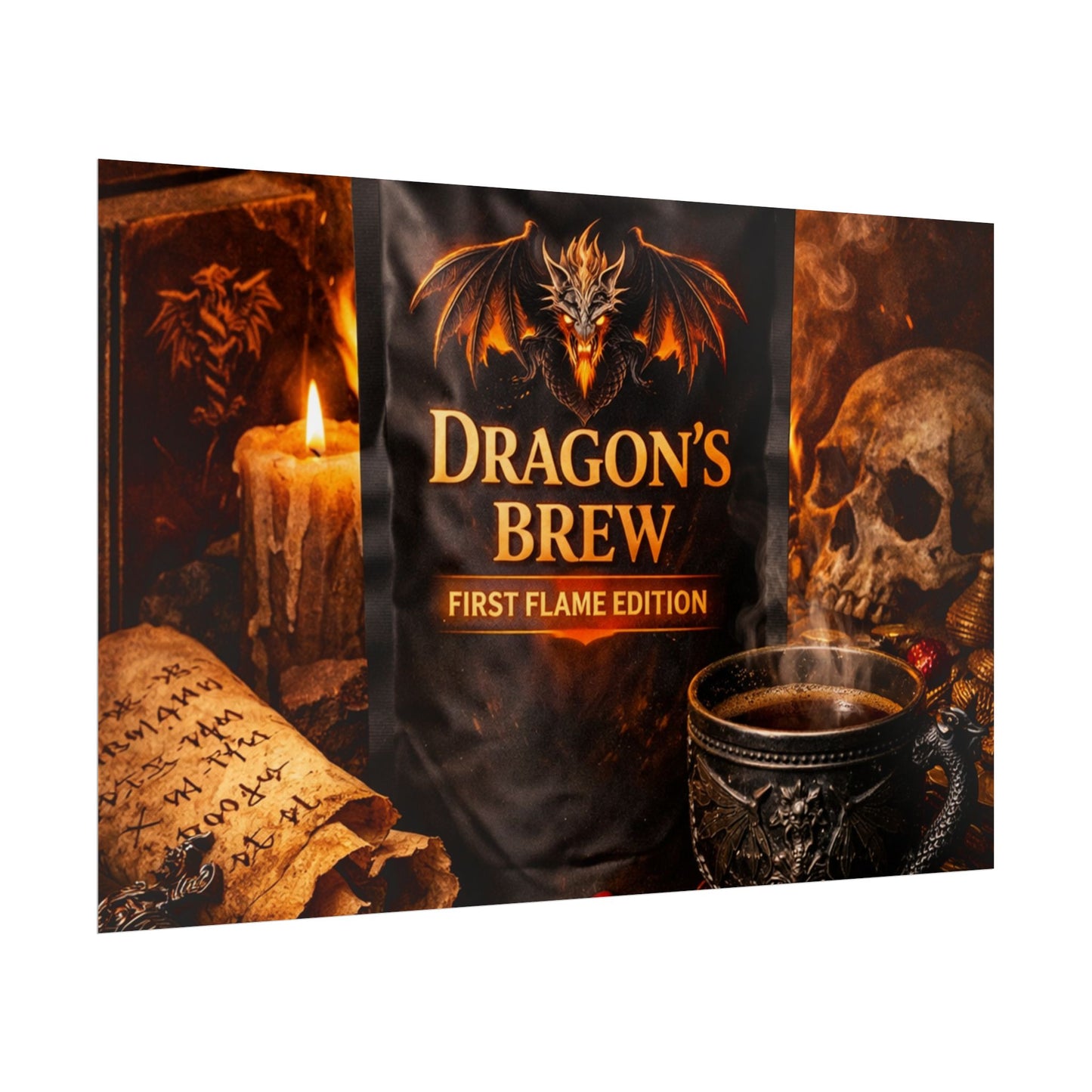 Rolled Poster — "Dragon's Brew: First Flame Edition" Fantasy Coffee Art Print