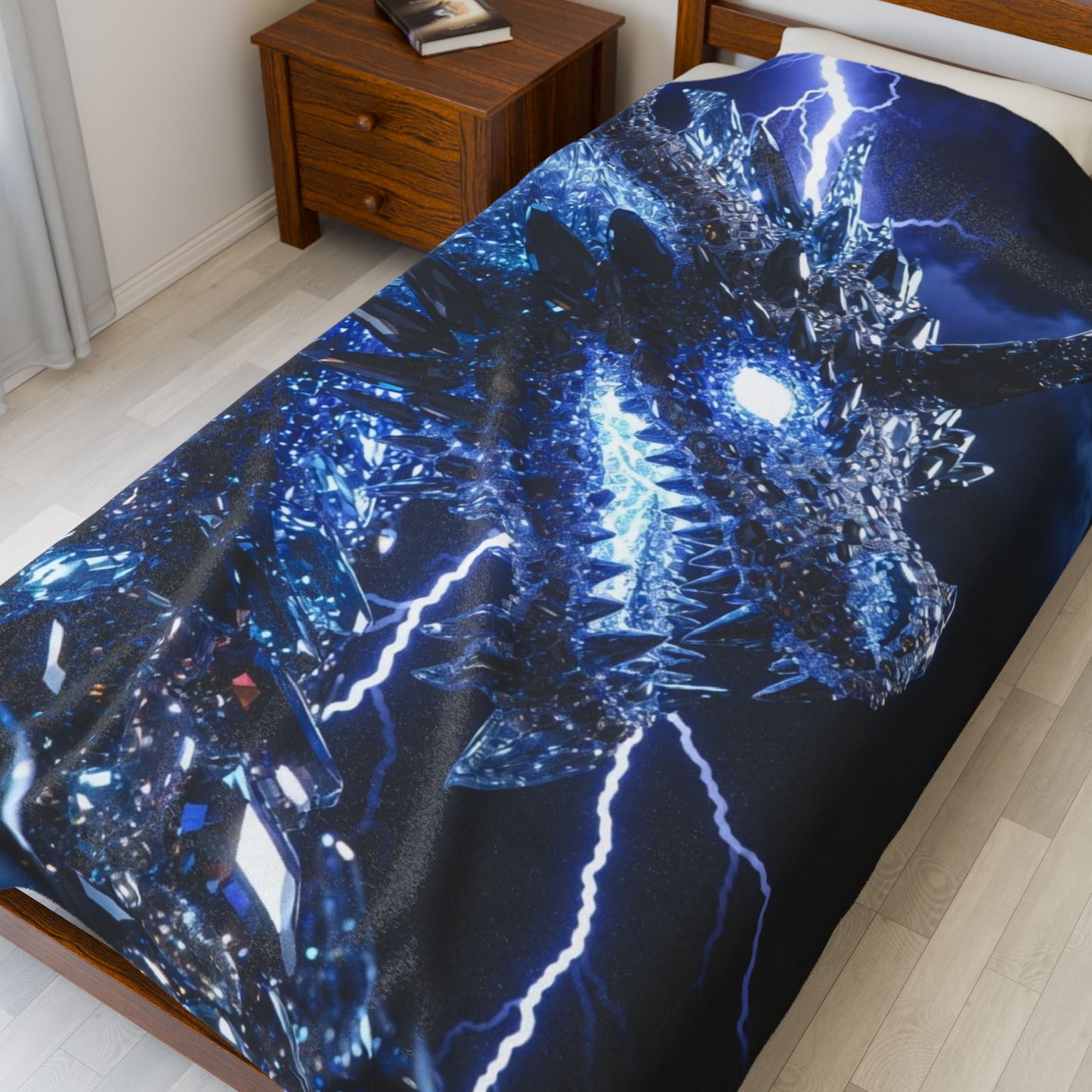 Dragon Lightning Velveteen Plush Blanket — Blue Crystal Dragon Throw for Fantasy Fans