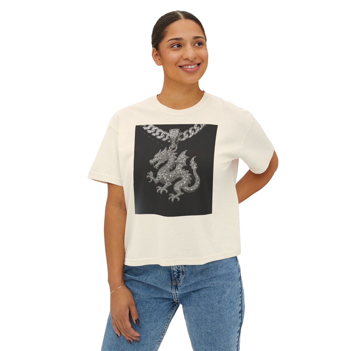 A Divine Diamond Dragon Pendant Graphic Women's Boxy Tee, Casual T-Shirt, Trendy Fashion, Streetwear Style, Unique Gift for Her, Everyday Wear