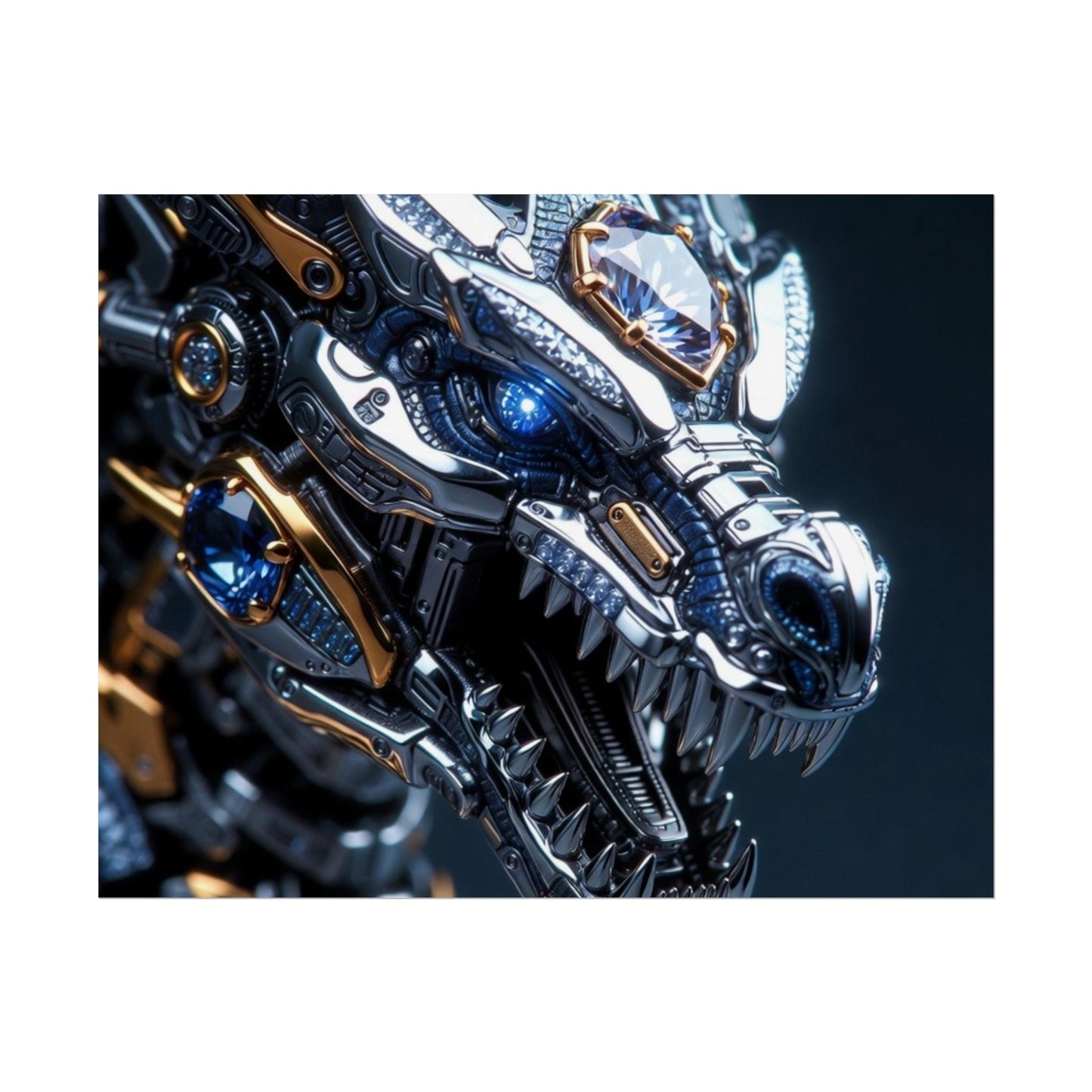 Mechanical Dragon Poster — Futuristic Gold & Blue Sci‑Fi Wall Art