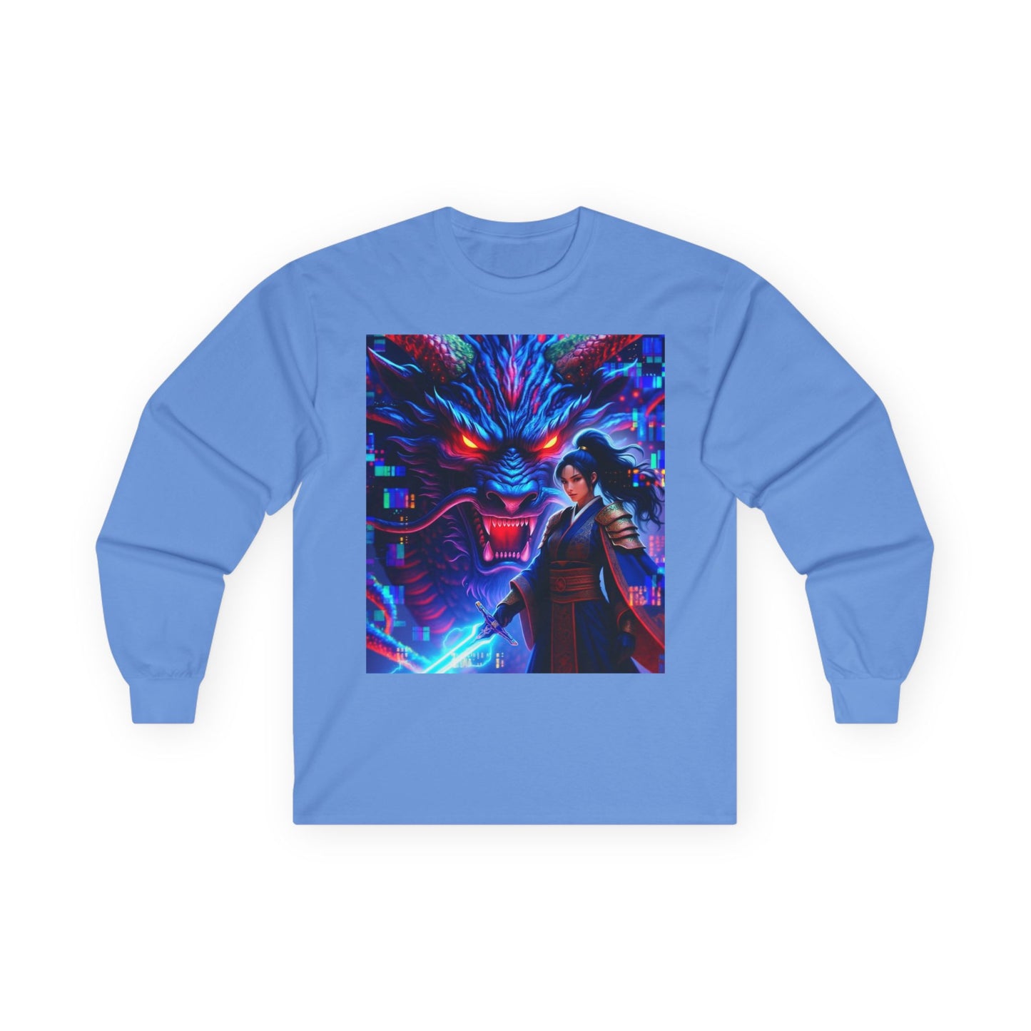 Long Sleeve Tee — Neon Samurai Wolf Art Graphic Shirt