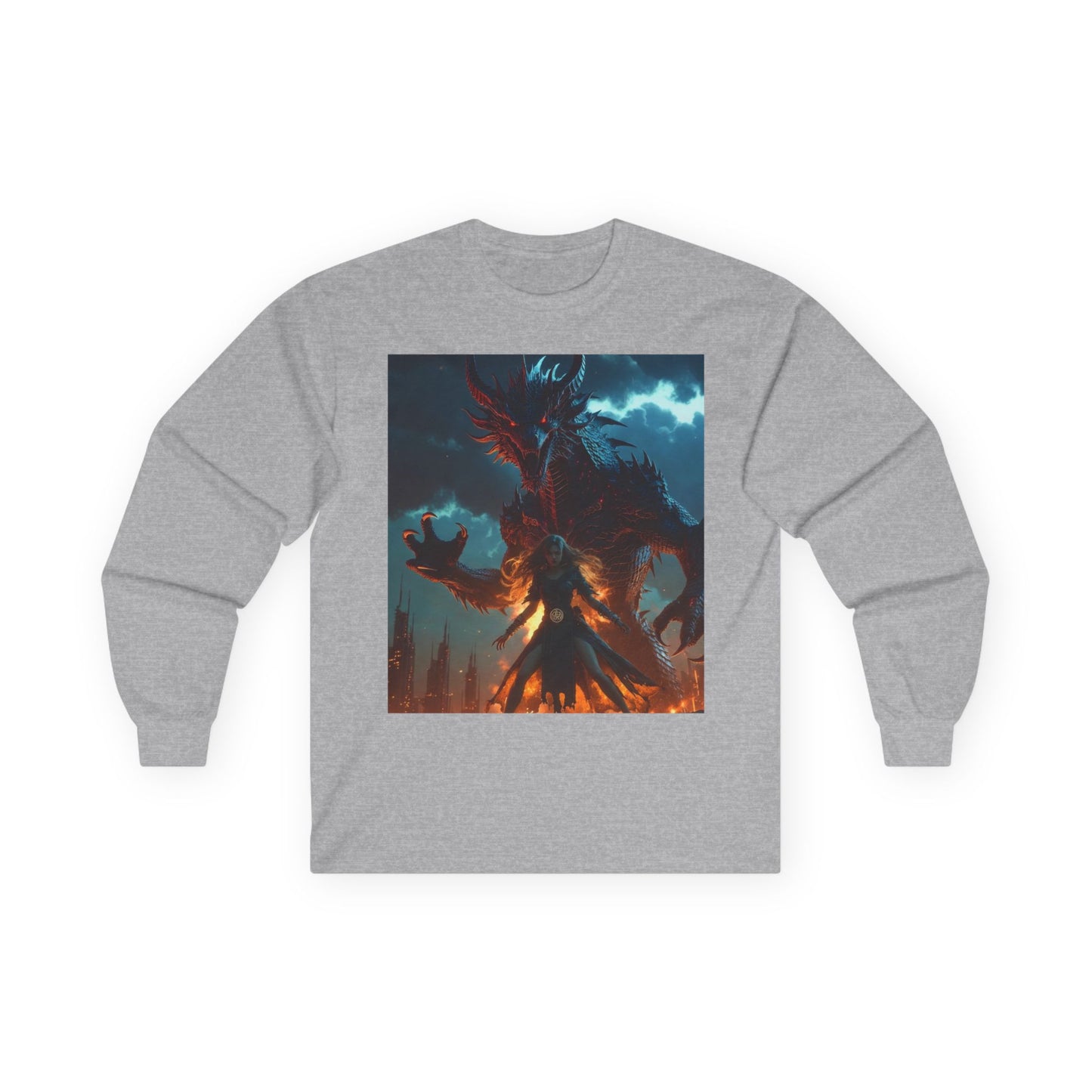 Dragon of Flame Long Sleeve Tee — Dark Fantasy Fire Demon Artwork