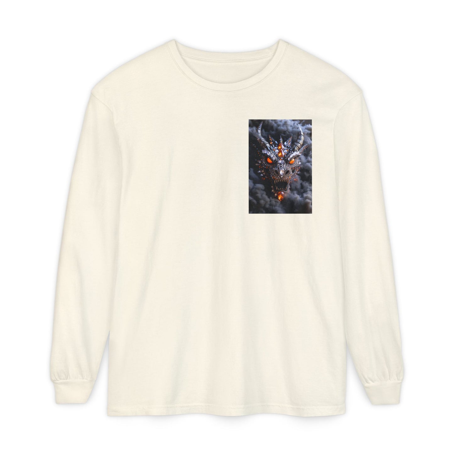 Long Sleeve T‑Shirt — Smoky Dragon Chest Print, Spooky Autumn Graphic