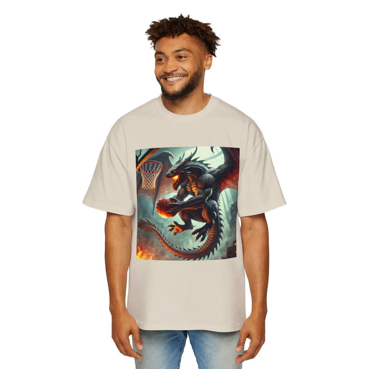A Men's Fantasy Dragon Basketball Tee - Oversized Graphic Shirt, Streetwear Style, Casual Outfit, Gift for Him, Unique Art Tee