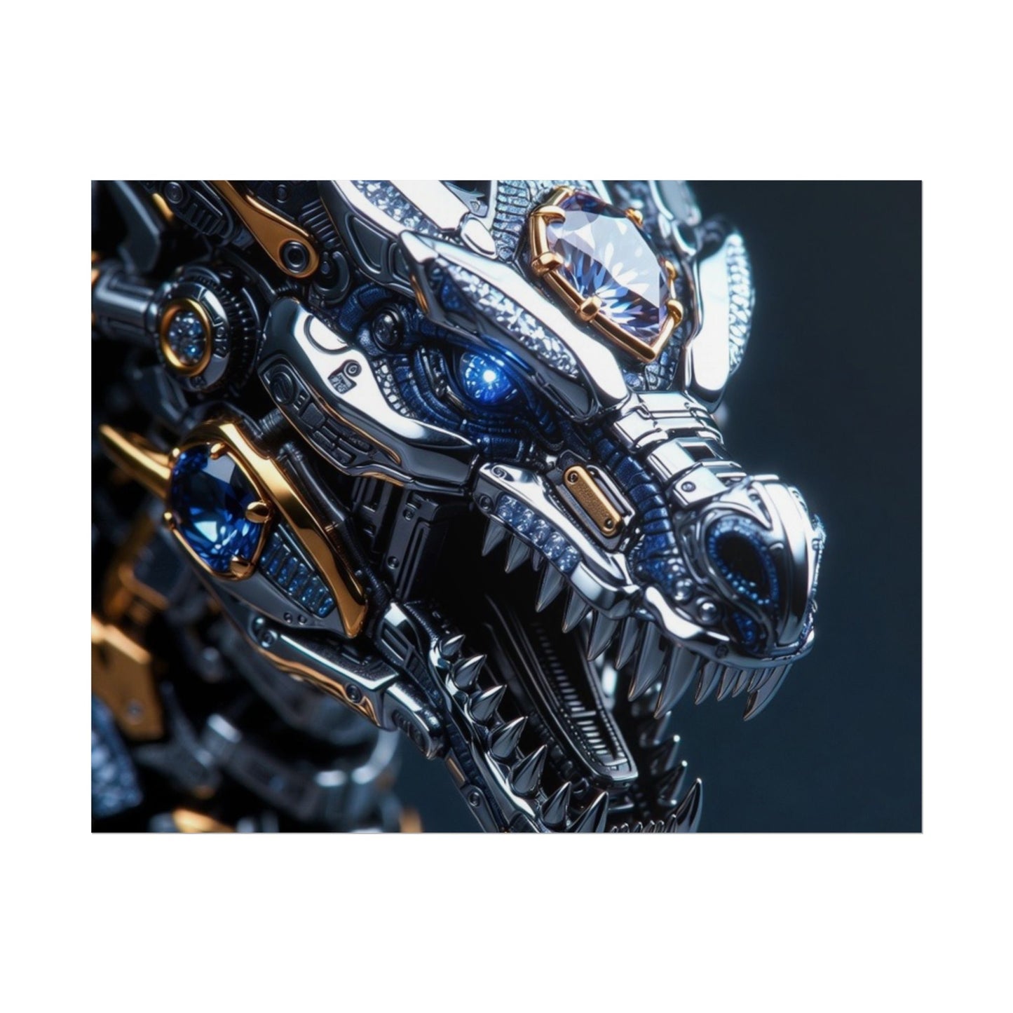 Mechanical Dragon Poster — Futuristic Gold & Blue Sci‑Fi Wall Art
