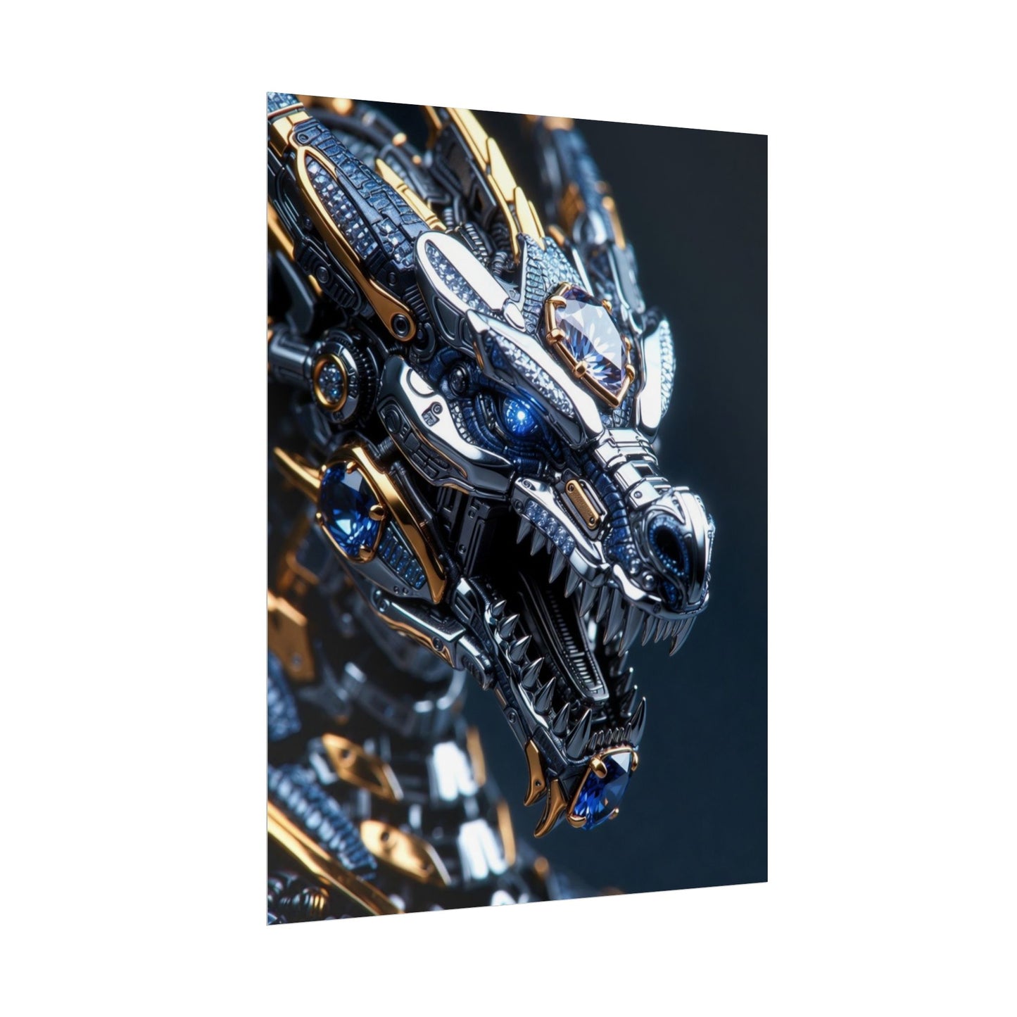 Mechanical Dragon Poster — Futuristic Gold & Blue Sci‑Fi Wall Art