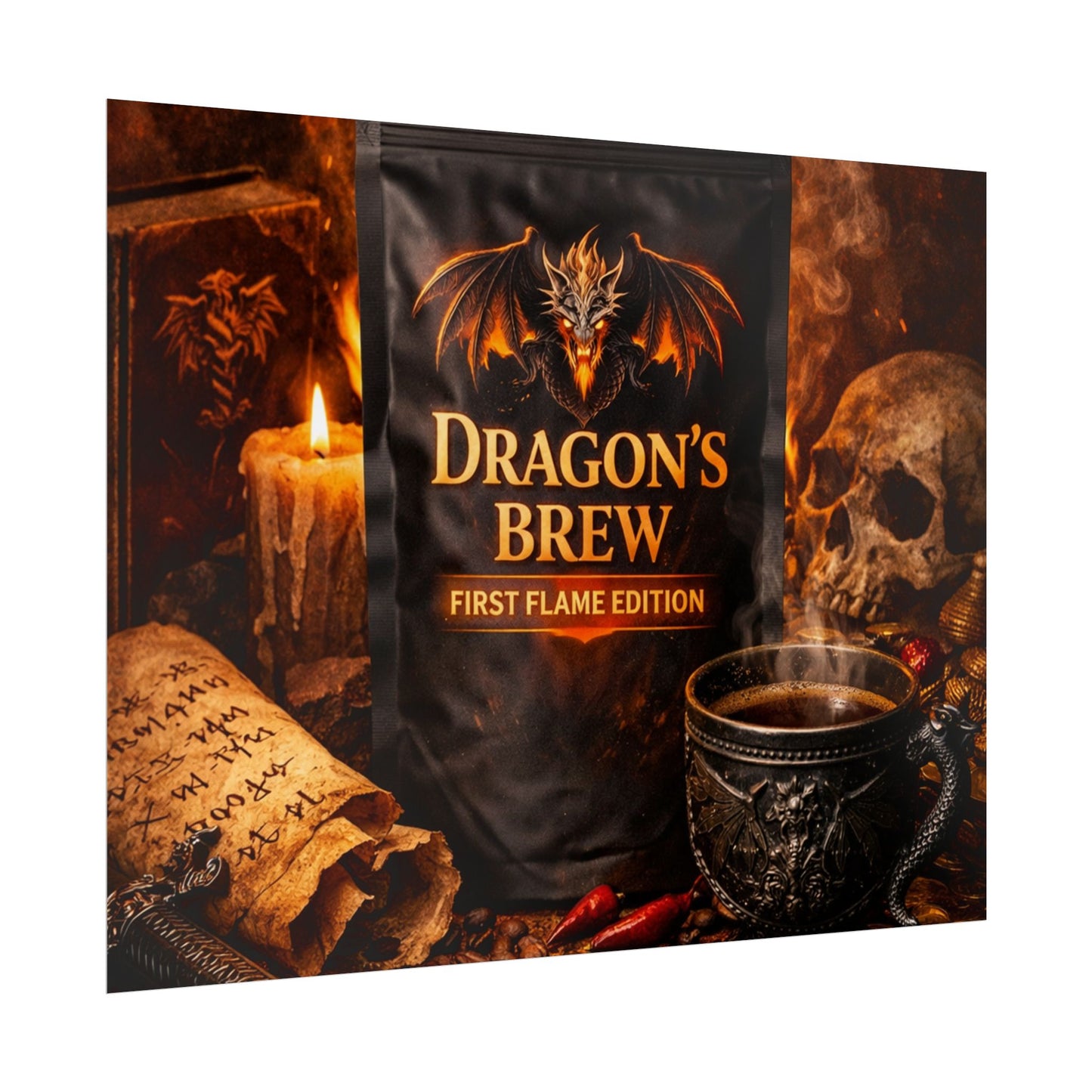 Rolled Poster — "Dragon's Brew: First Flame Edition" Fantasy Coffee Art Print