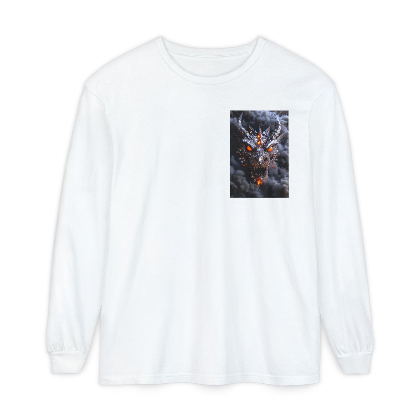 Long Sleeve T‑Shirt — Smoky Dragon Chest Print, Spooky Autumn Graphic