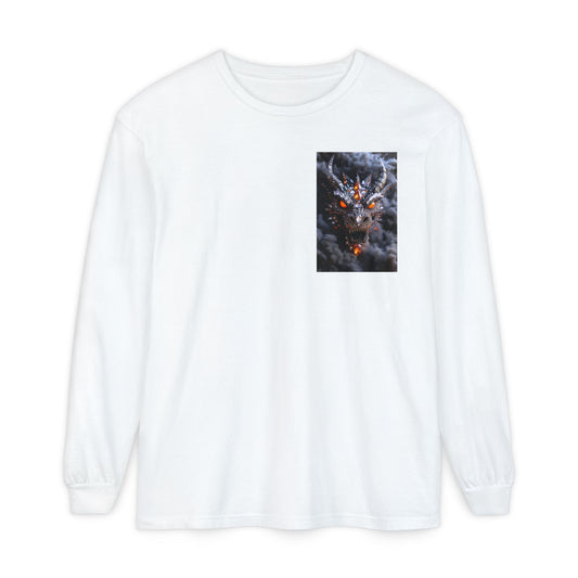 Long Sleeve T‑Shirt — Smoky Dragon Chest Print, Spooky Autumn Graphic