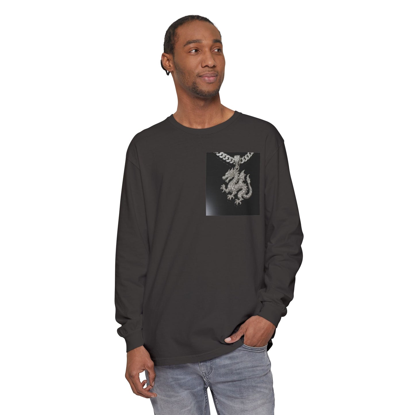 Dragon Pendant Long Sleeve T‑Shirt — Gothic Silver Chain Graphic