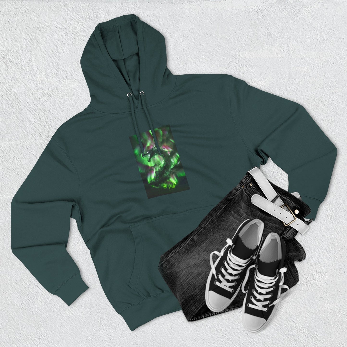 Green Nebula Abstract Hoodie — Aurora Swirl Fleece Pullover