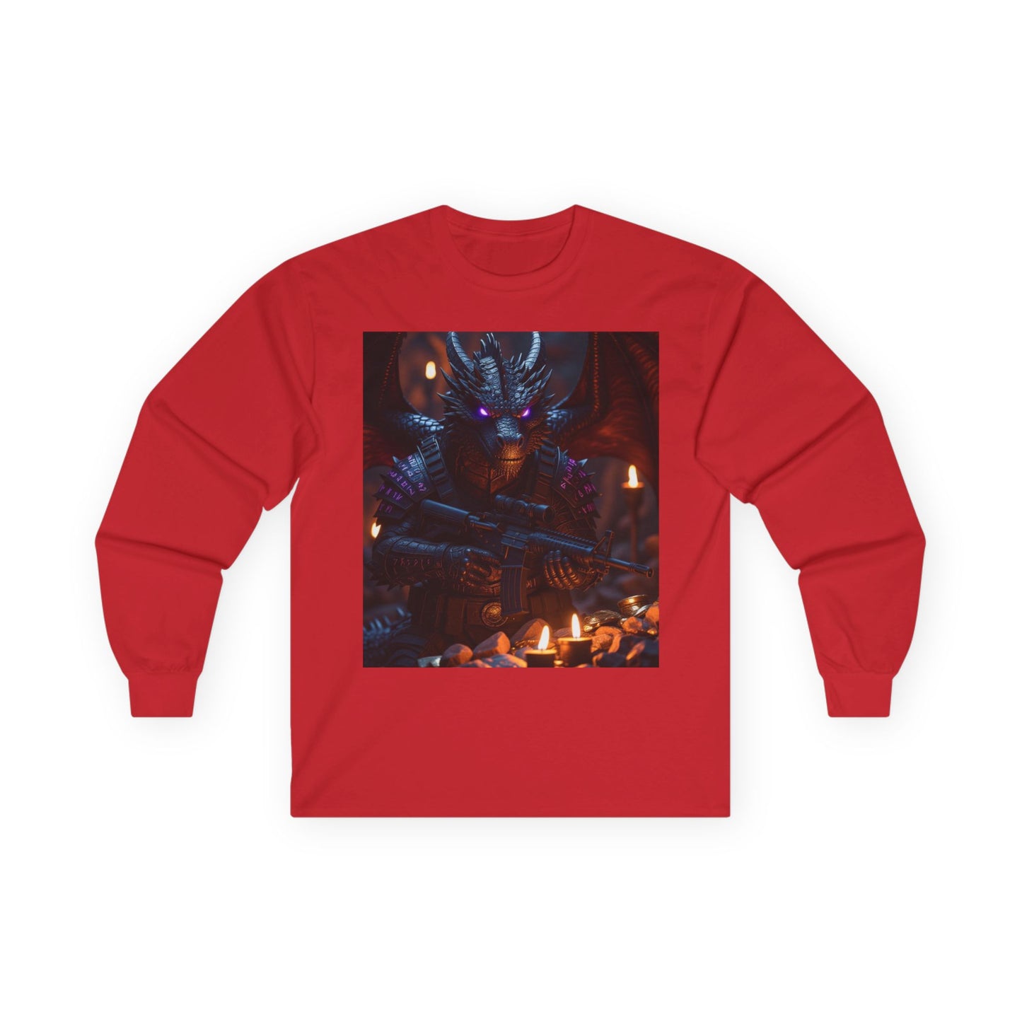 Dragon Knight Art Long Sleeve Tee — Dark Fantasy Candlelight Design
