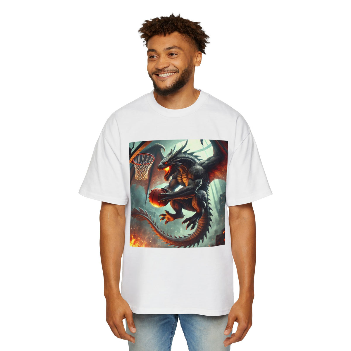 A Men's Fantasy Dragon Basketball Tee - Oversized Graphic Shirt, Streetwear Style, Casual Outfit, Gift for Him, Unique Art Tee