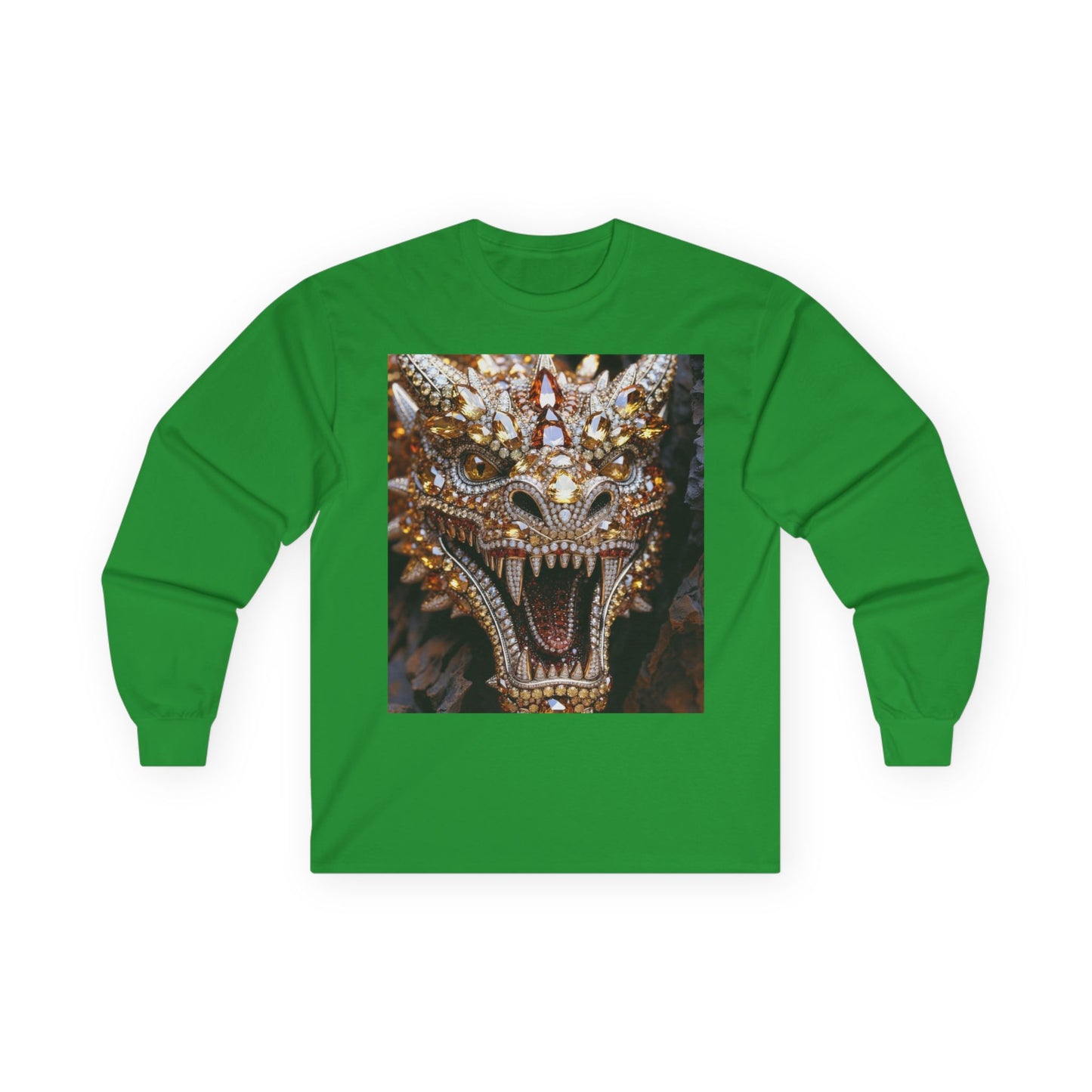 Dragon Mask Long Sleeve Tee — Ornate Fiery Dragon Face Graphic