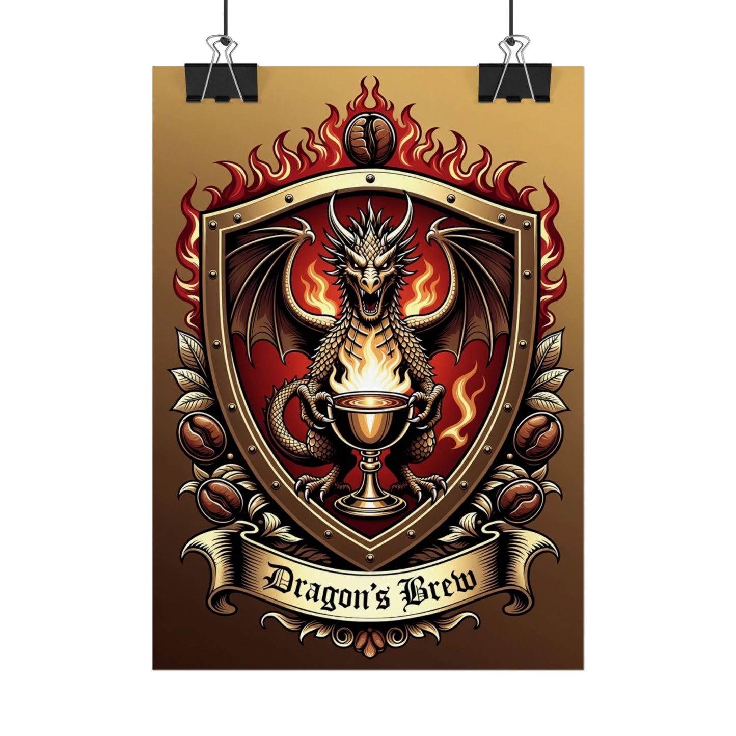 Dragon's Brew Poster — Fantasy Dragon Shield Artwork Rolled Poster