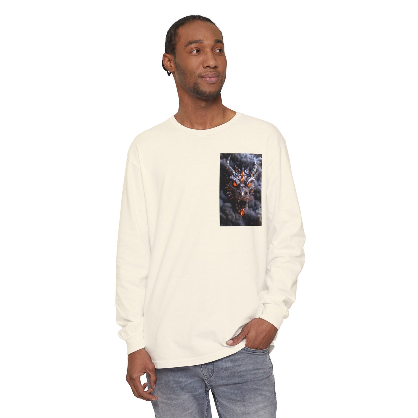 Long Sleeve T‑Shirt — Smoky Dragon Chest Print, Spooky Autumn Graphic