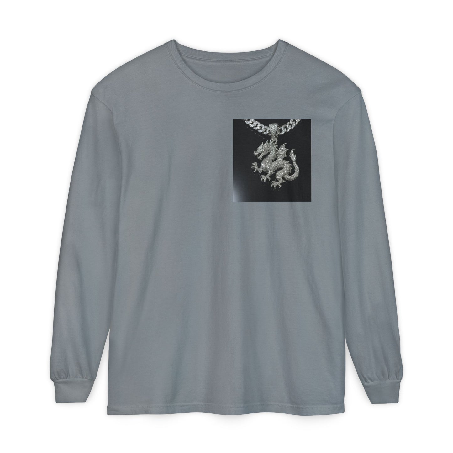 Dragon Pendant Long Sleeve T‑Shirt — Gothic Silver Chain Graphic