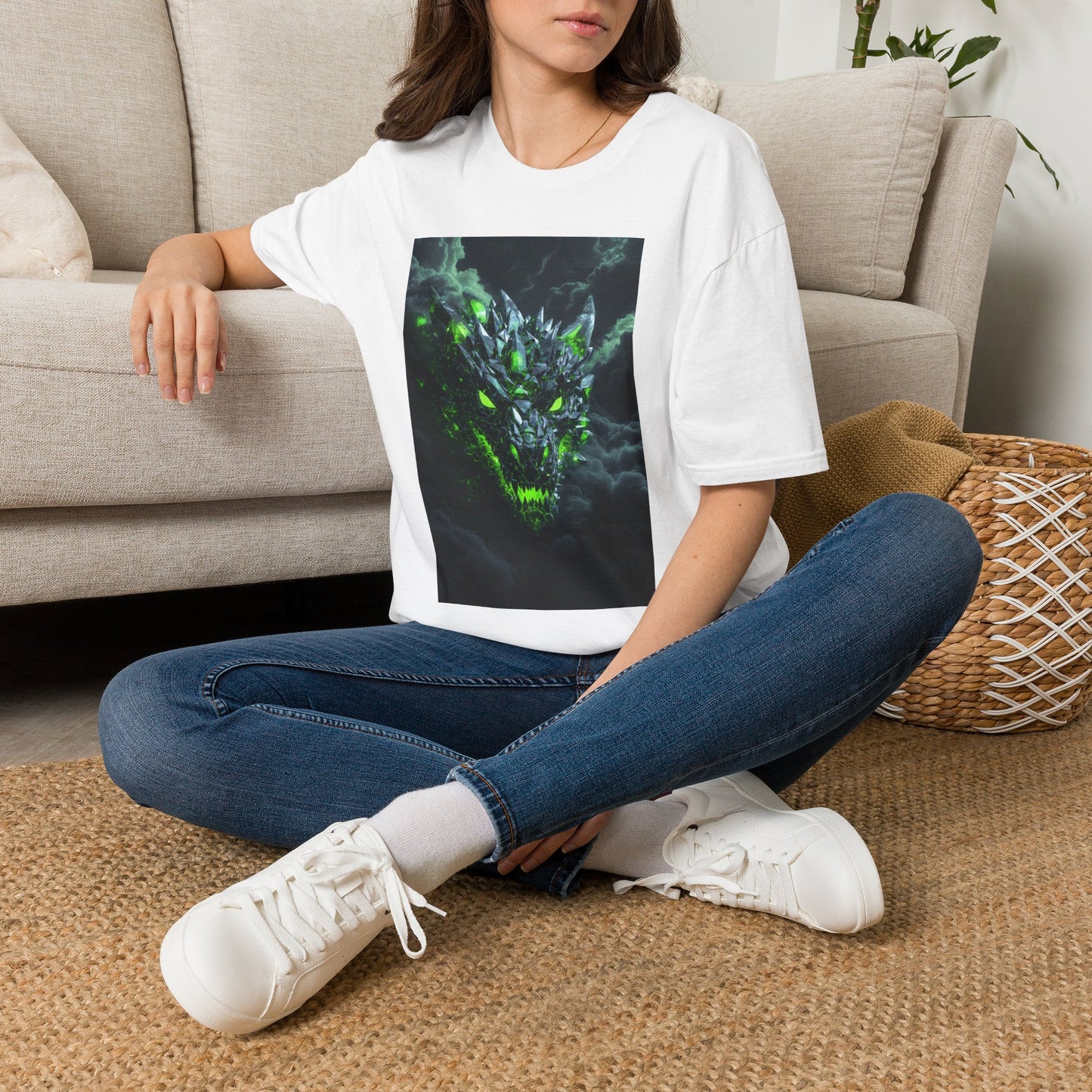 Dragon Skull T‑Shirt — Neon Green Crystal Wyvern Graphic Tee