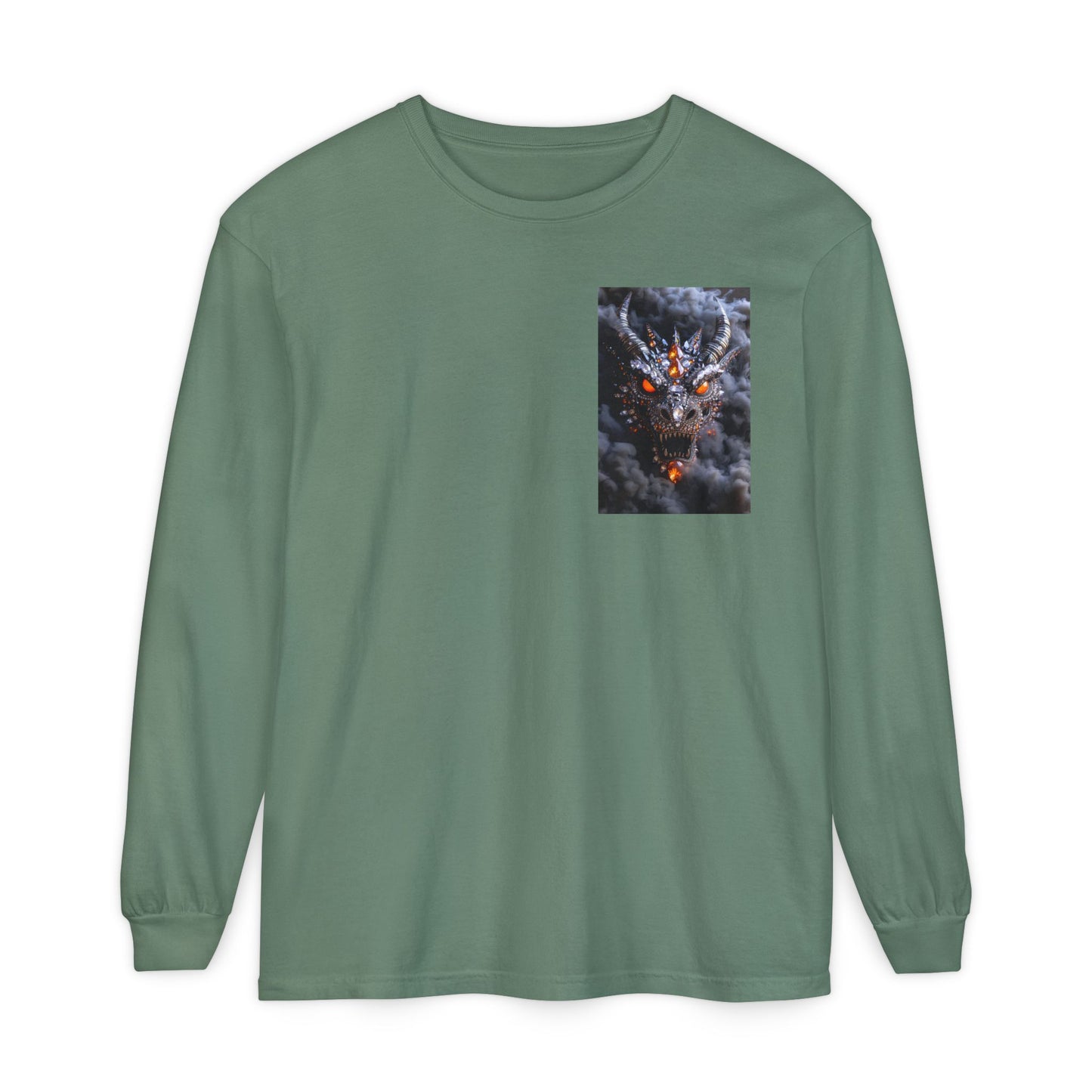 Long Sleeve T‑Shirt — Smoky Dragon Chest Print, Spooky Autumn Graphic