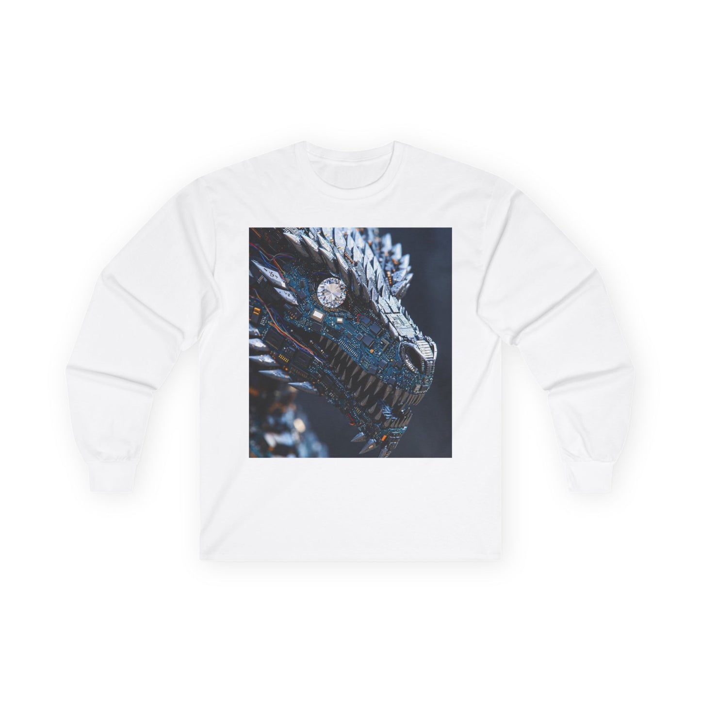 Dragon Head Graphic Long Sleeve Tee — Metallic Fantasy Artwork