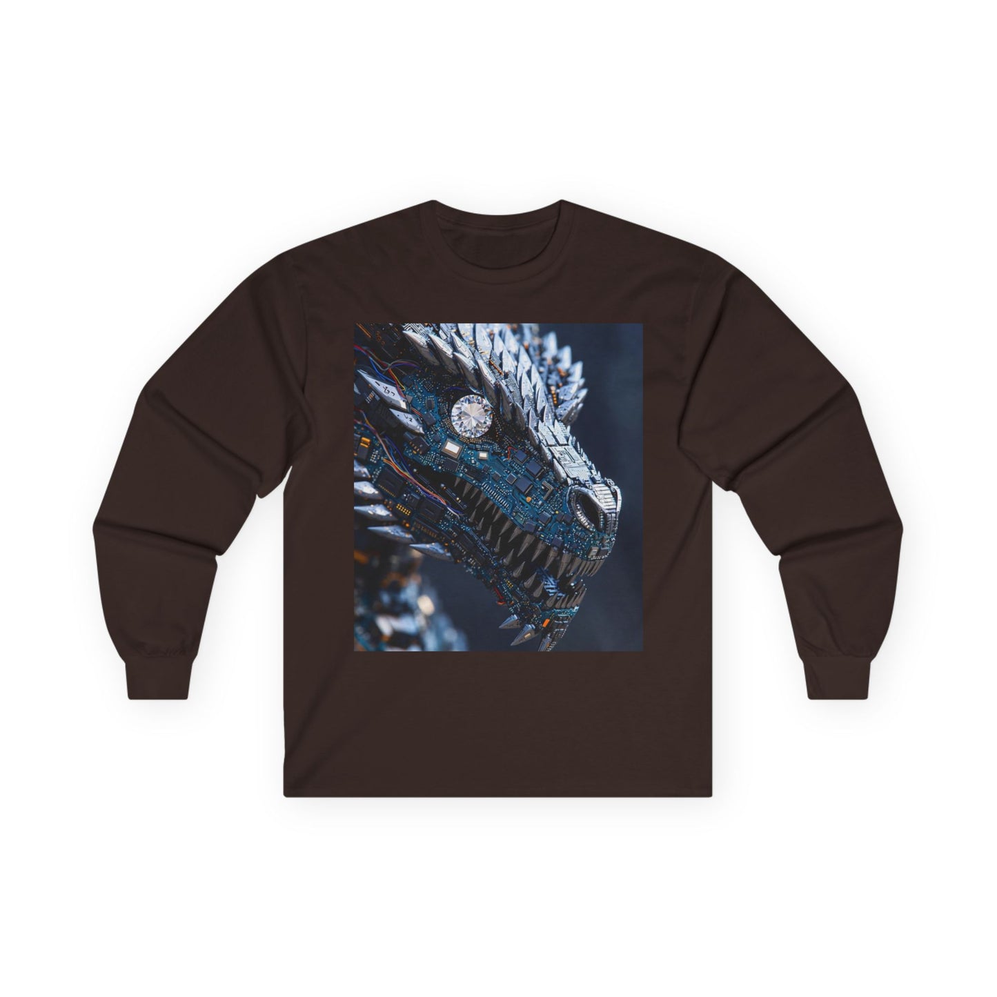 Dragon Head Graphic Long Sleeve Tee — Metallic Fantasy Artwork