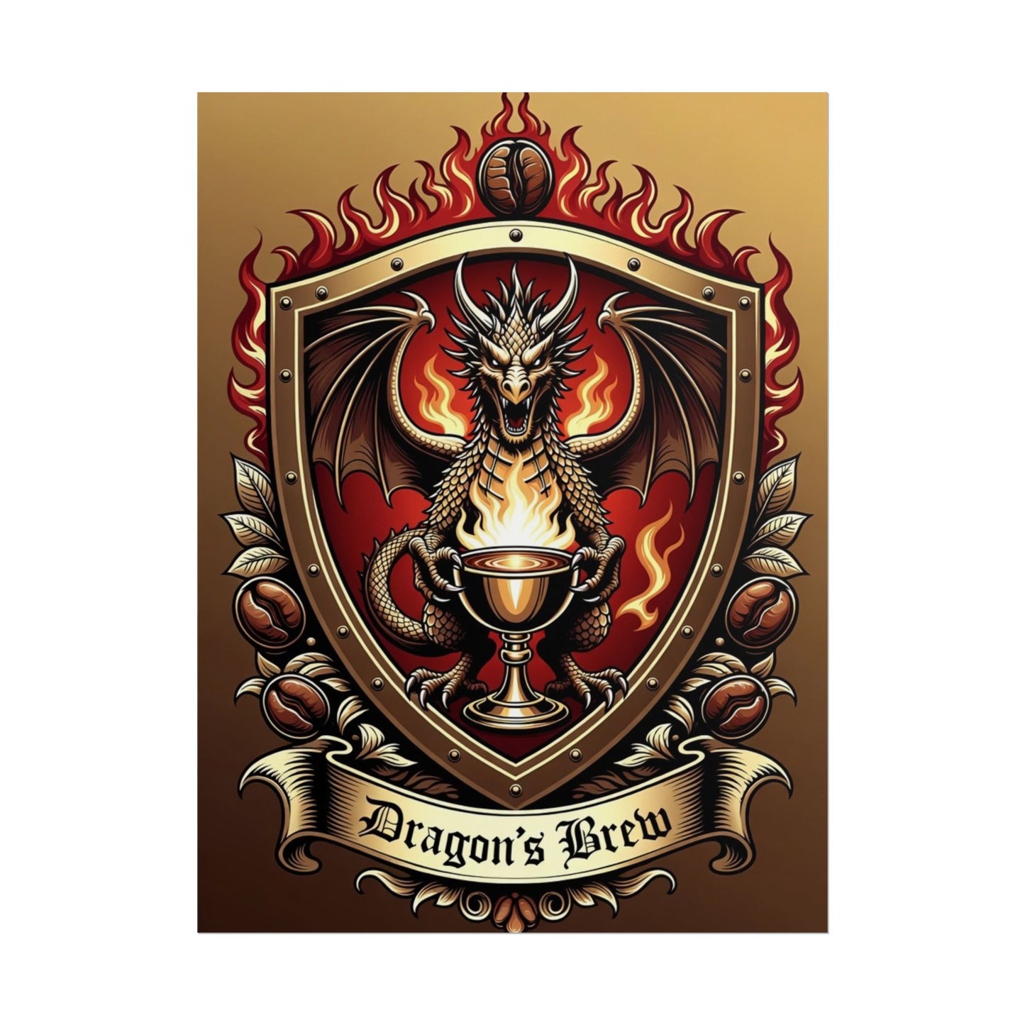 Dragon's Brew Poster — Fantasy Dragon Shield Artwork Rolled Poster